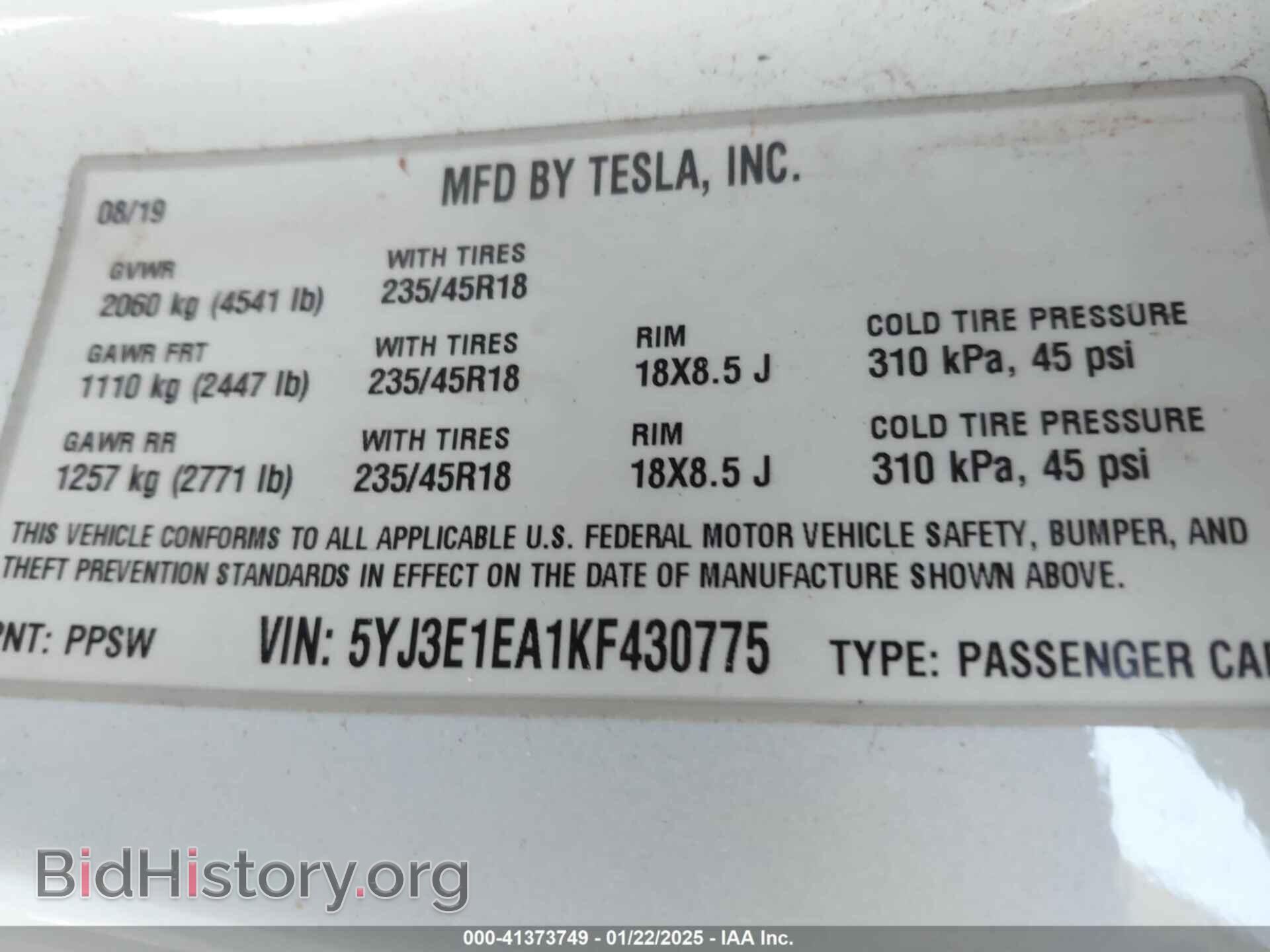 2019 TESLA MODEL 3 - VIN: 5YJ3E1EA1KF430775 - Фото 9