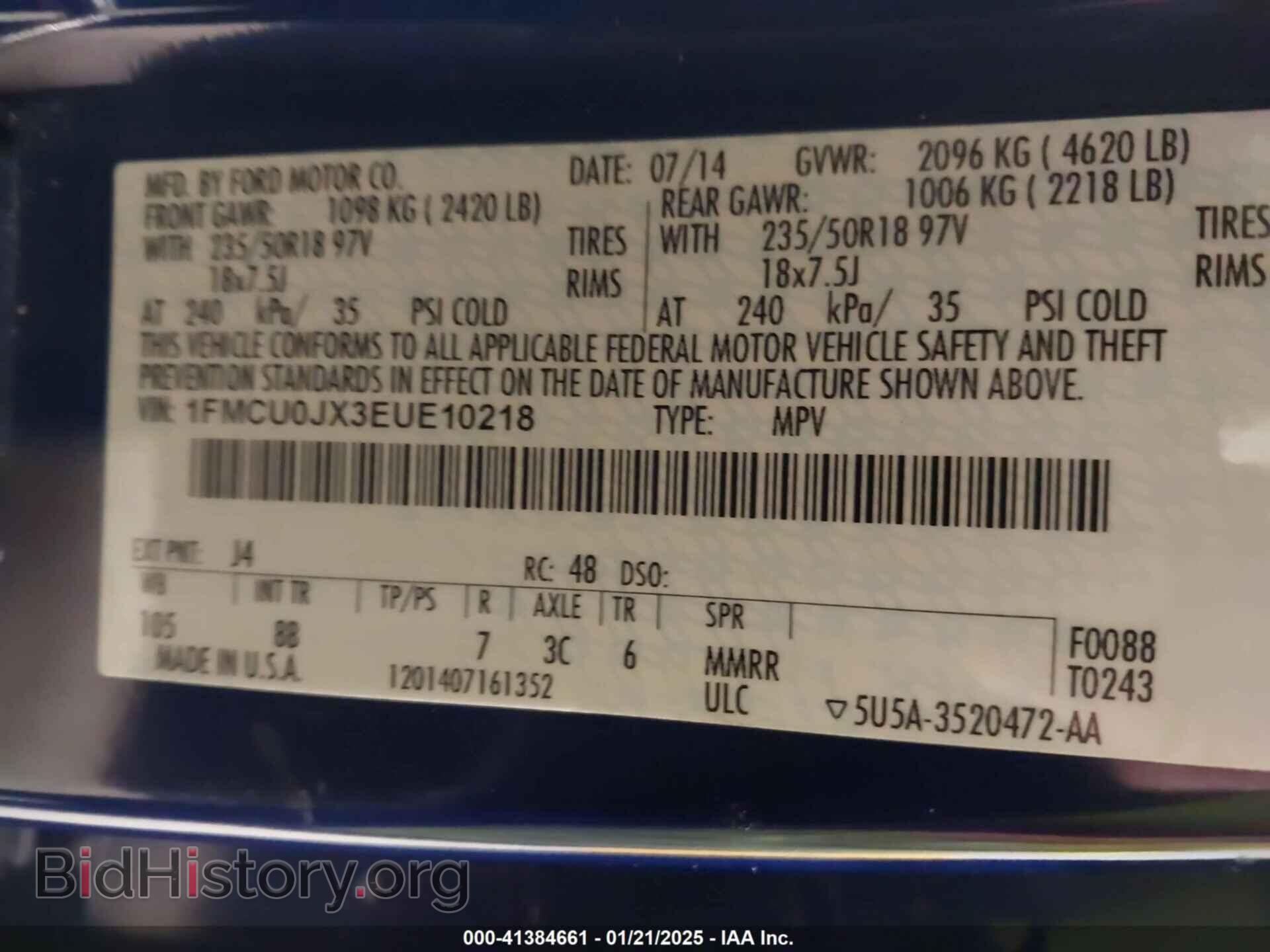 2014 FORD ESCAPE - VIN: 1FMCU0JX3EUE10218 - Фото 9