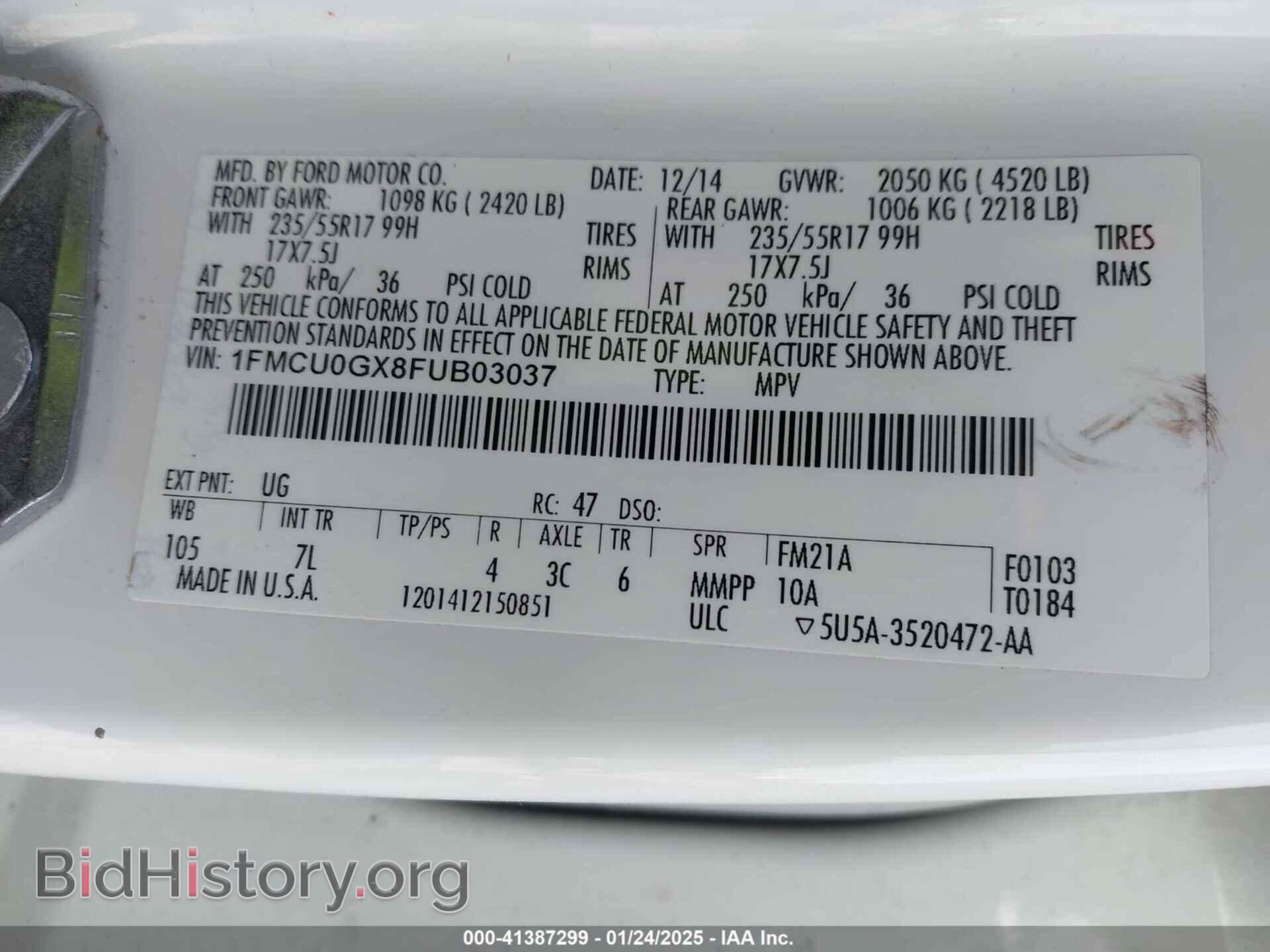 2015 FORD ESCAPE - VIN: 1FMCU0GX8FUB03037 - Фото 9