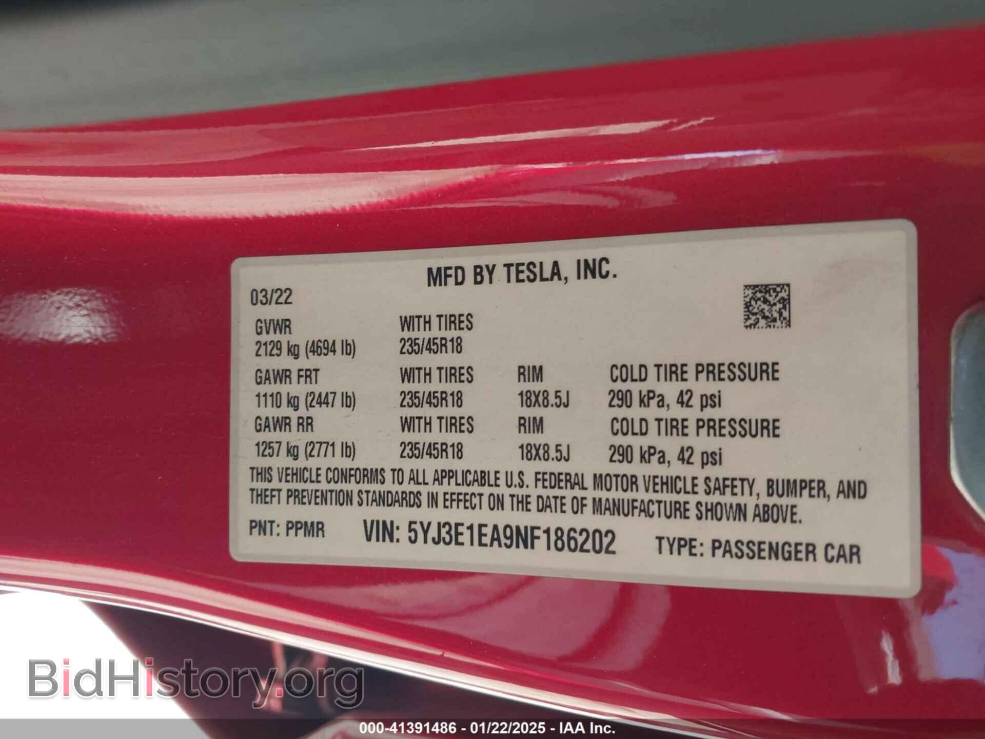 2022 TESLA MODEL 3 - VIN: 5YJ3E1EA9NF186202 - Фото 9