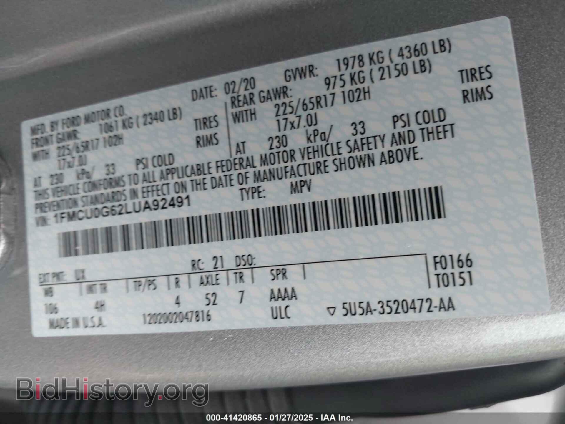 2020 FORD ESCAPE - VIN: 1FMCU0G62LUA92491 - Фото 9