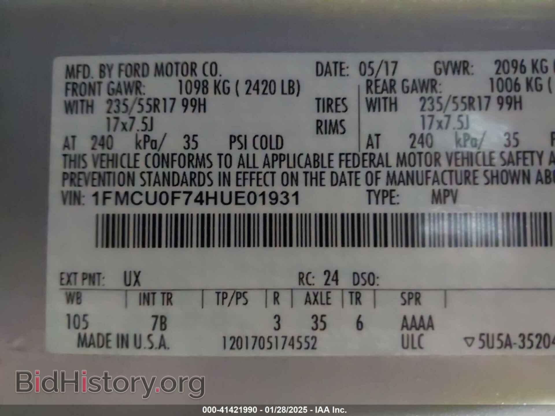 2017 FORD ESCAPE - VIN: 1FMCU0F74HUE01931 - Фото 9