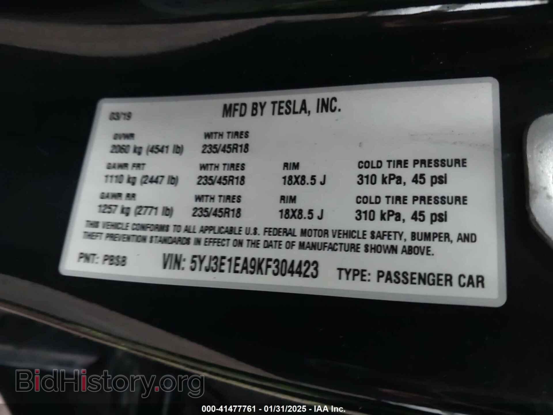 2019 TESLA MODEL 3 - VIN: 5YJ3E1EA9KF304423 - Фото 9