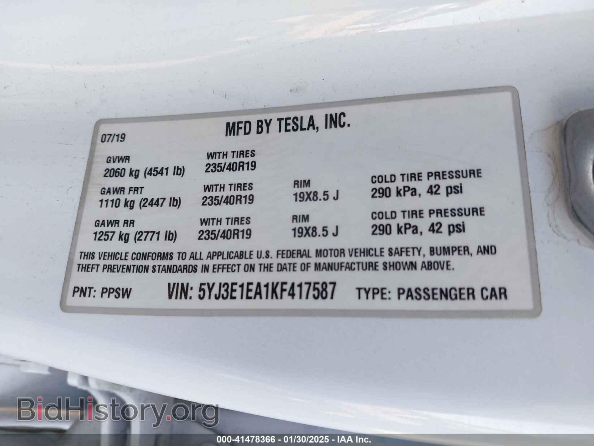 2019 TESLA MODEL 3 - VIN: 5YJ3E1EA1KF417587 - Фото 9