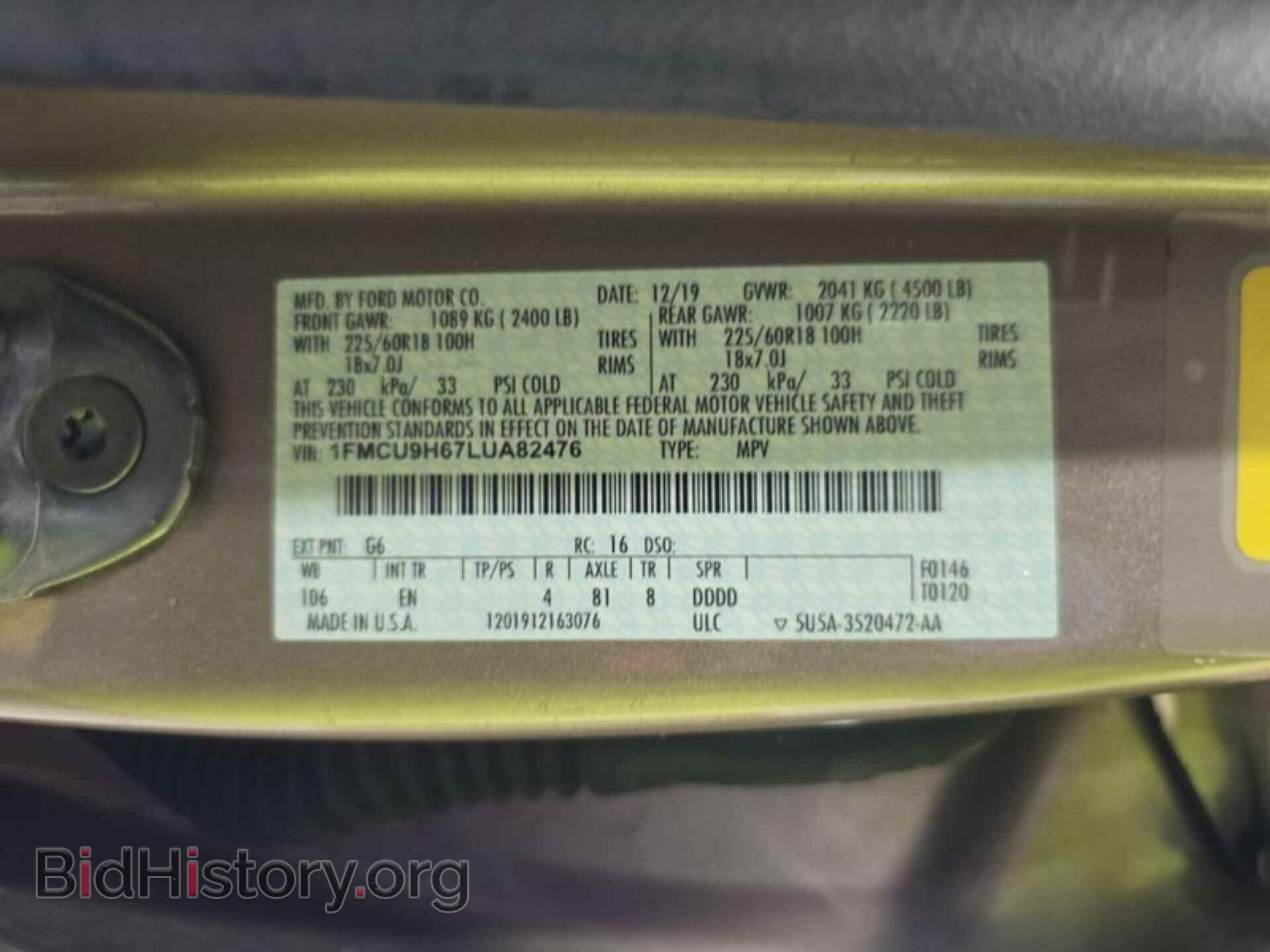 Photo 1FMCU9H67LUA82476 - FORD ESCAPE 2020