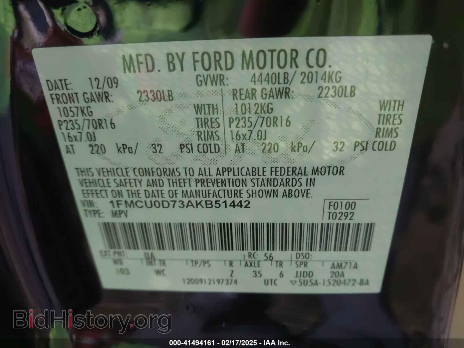 2010 FORD ESCAPE - VIN: 1FMCU0D73AKB51442 - Фото 9