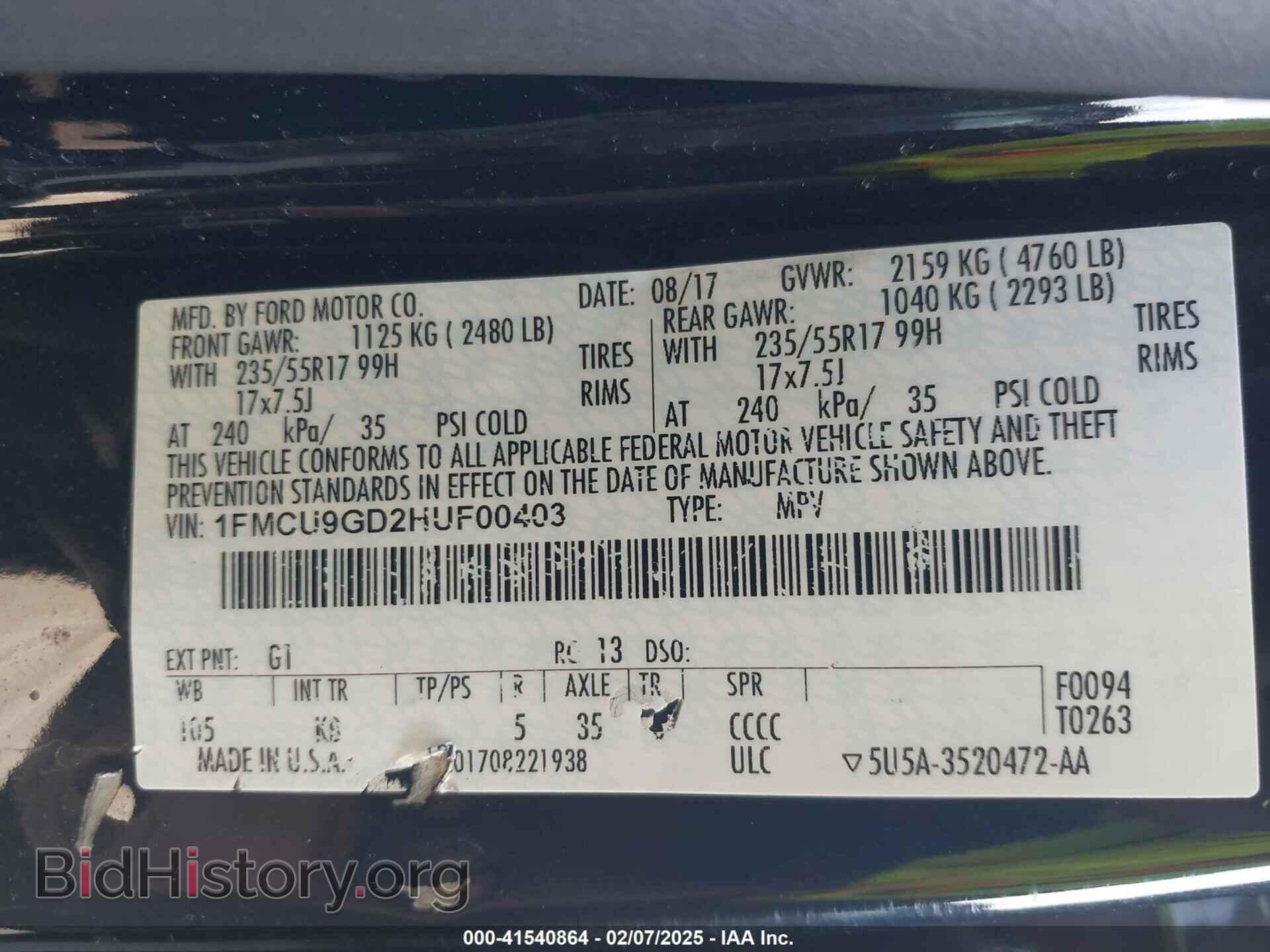 2017 FORD ESCAPE - VIN: 1FMCU9GD2HUF00403 - Фото 9