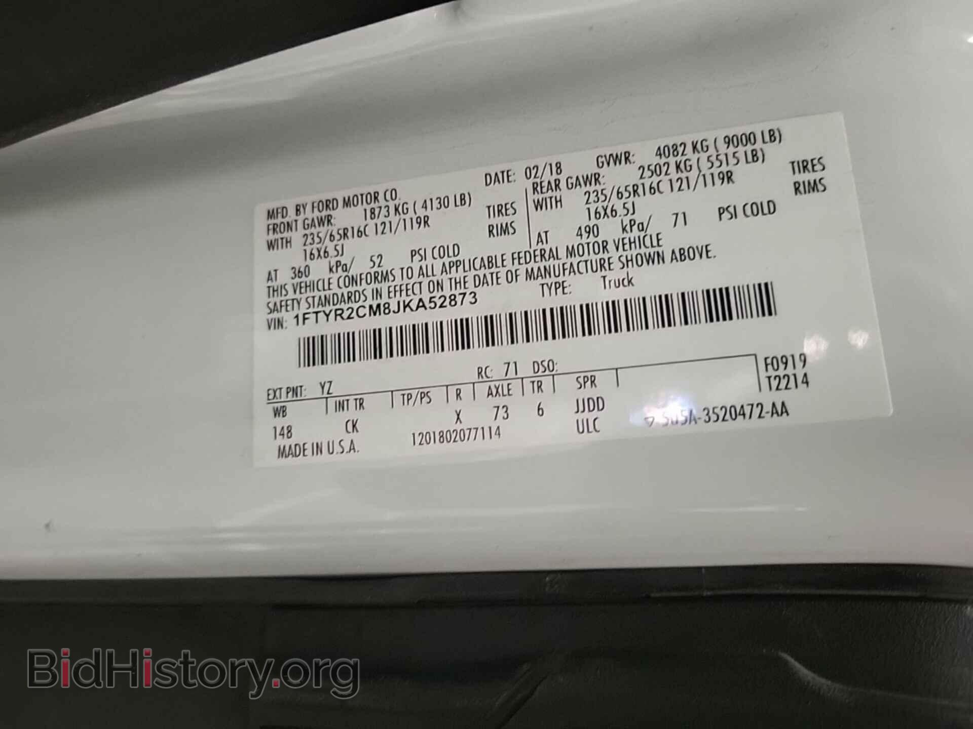 2018 FORD TRANSIT - VIN: 1FTYR2CM8JKA52873 - Фото 3