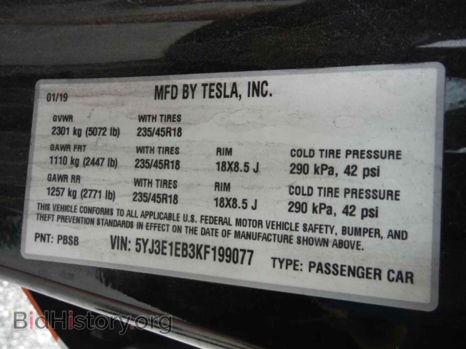 Фотография 5YJ3E1EB3KF199077 - TESLA MODEL 3 2019