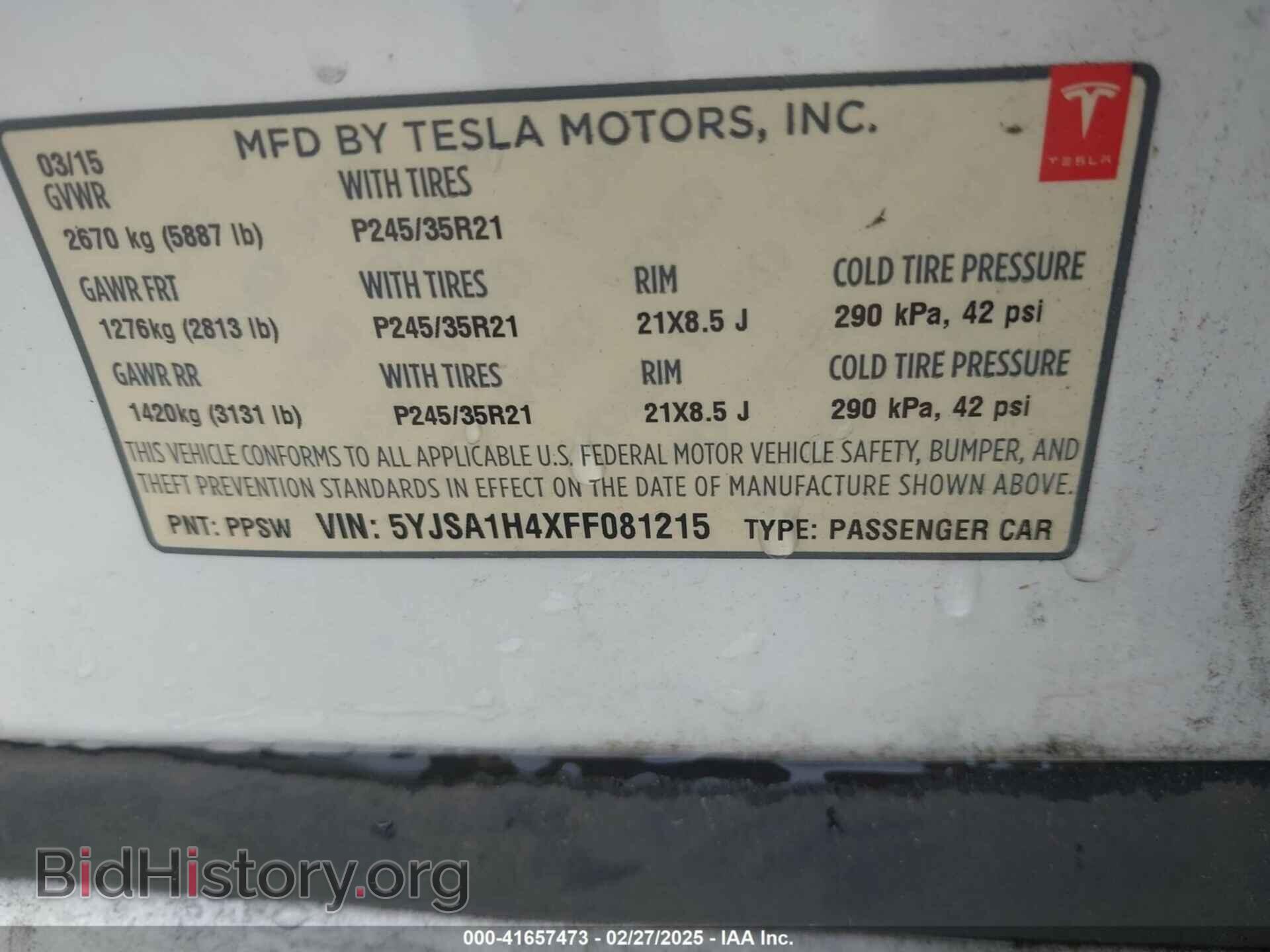 2015 TESLA MODEL S - VIN: 5YJSA1H4XFF081215 - Фото 9