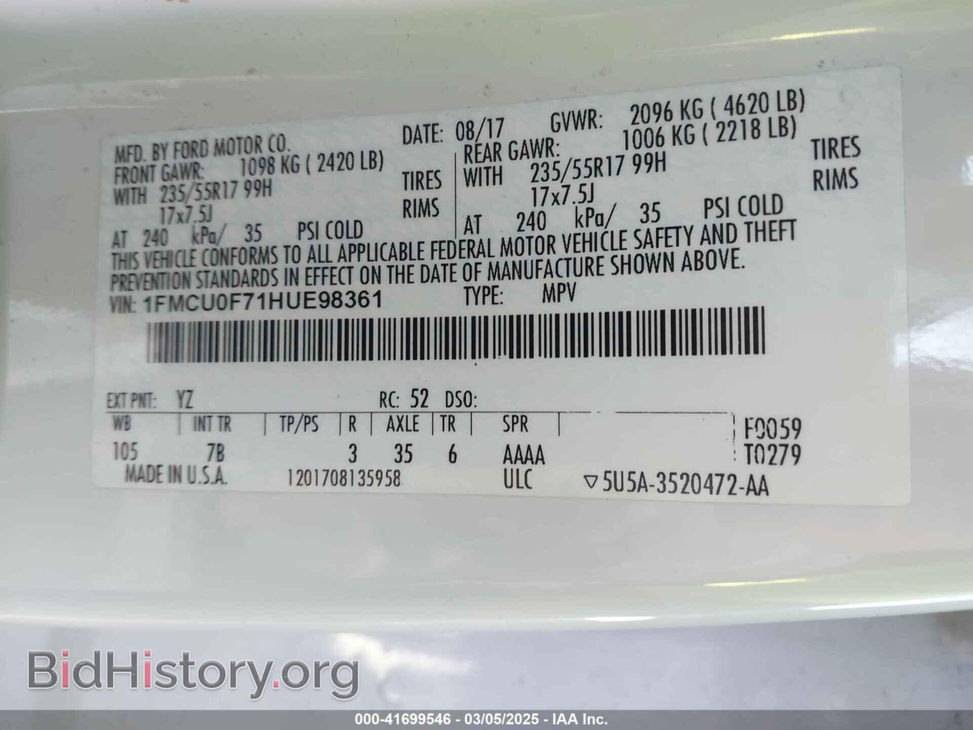 2017 FORD ESCAPE - VIN: 1FMCU0F71HUE98361 - Фото 9