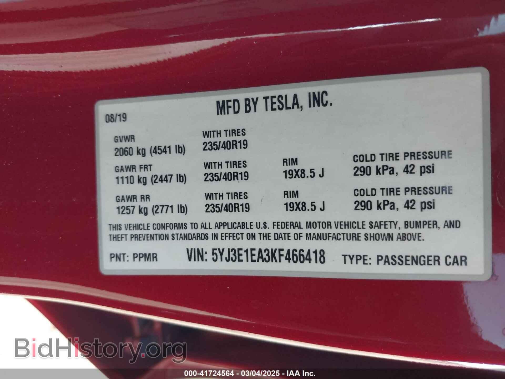 2019 TESLA MODEL 3 - VIN: 5YJ3E1EA3KF466418 - Фото 9