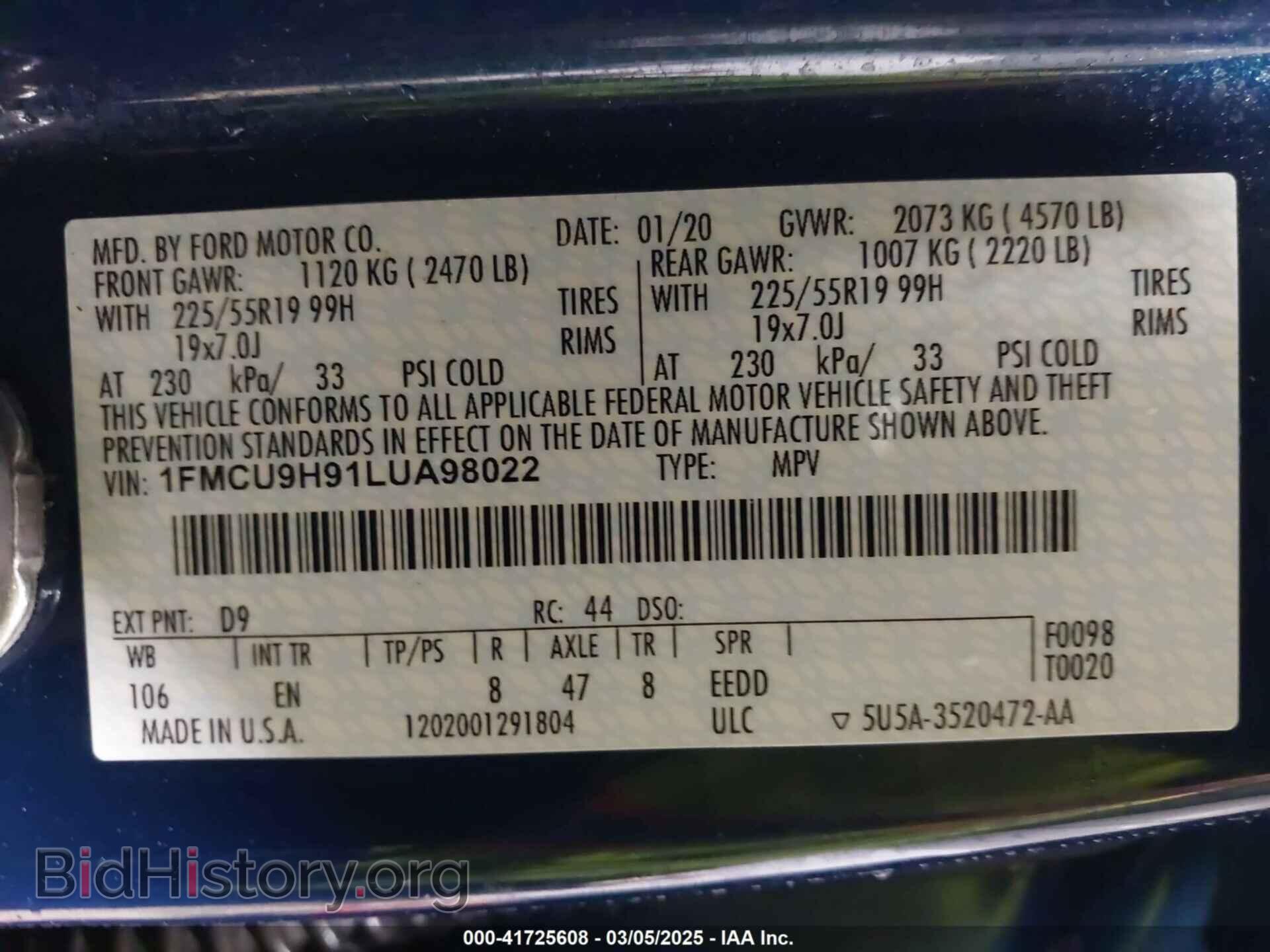 2020 FORD ESCAPE - VIN: 1FMCU9H91LUA98022 - Фото 9
