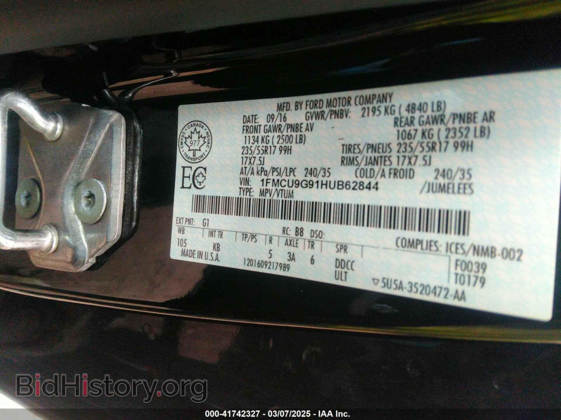 2017 FORD ESCAPE - VIN: 1FMCU9G91HUB62844 - Фото 9