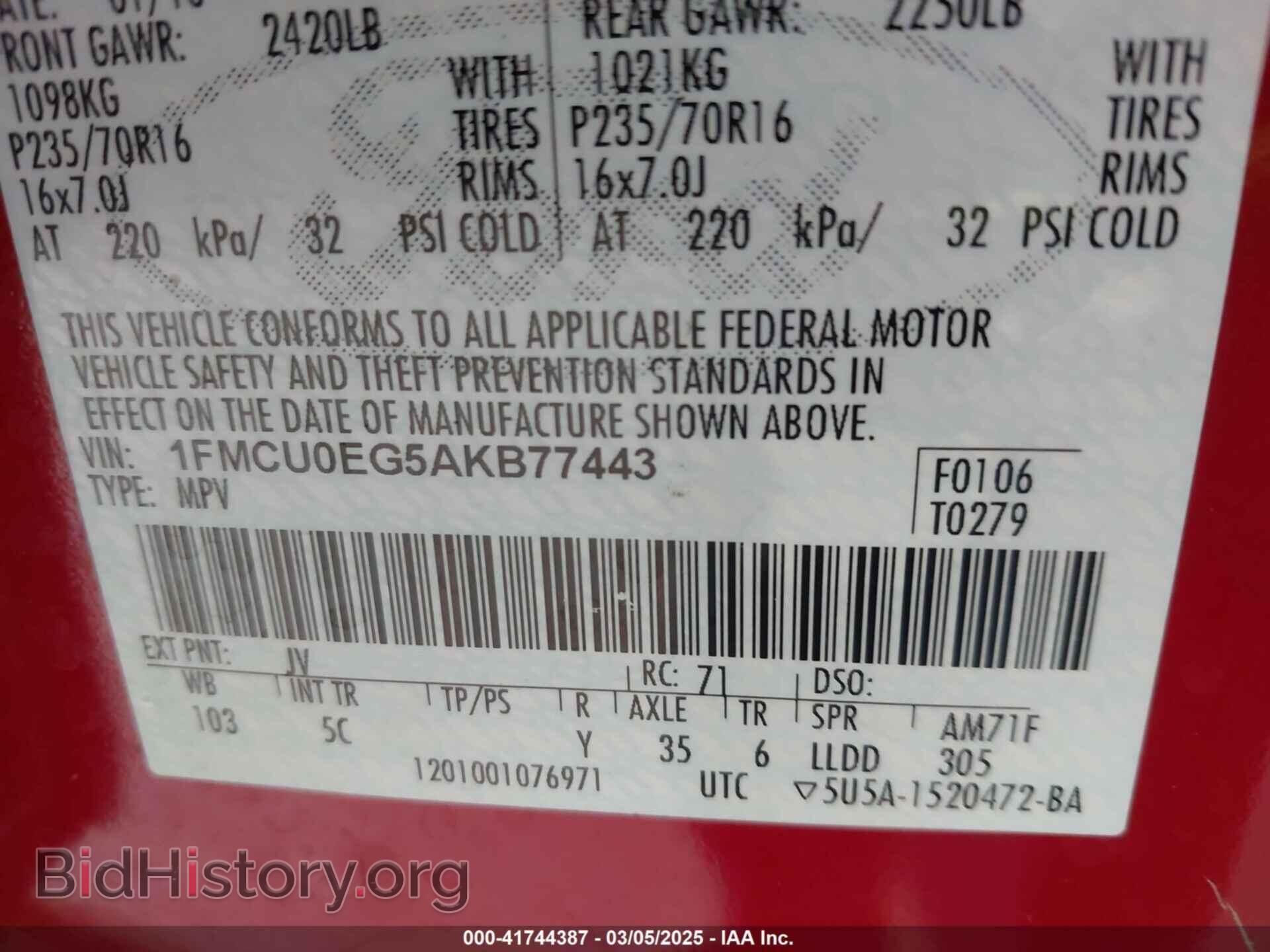 2010 FORD ESCAPE - VIN: 1FMCU0EG5AKB77443 - Фото 9
