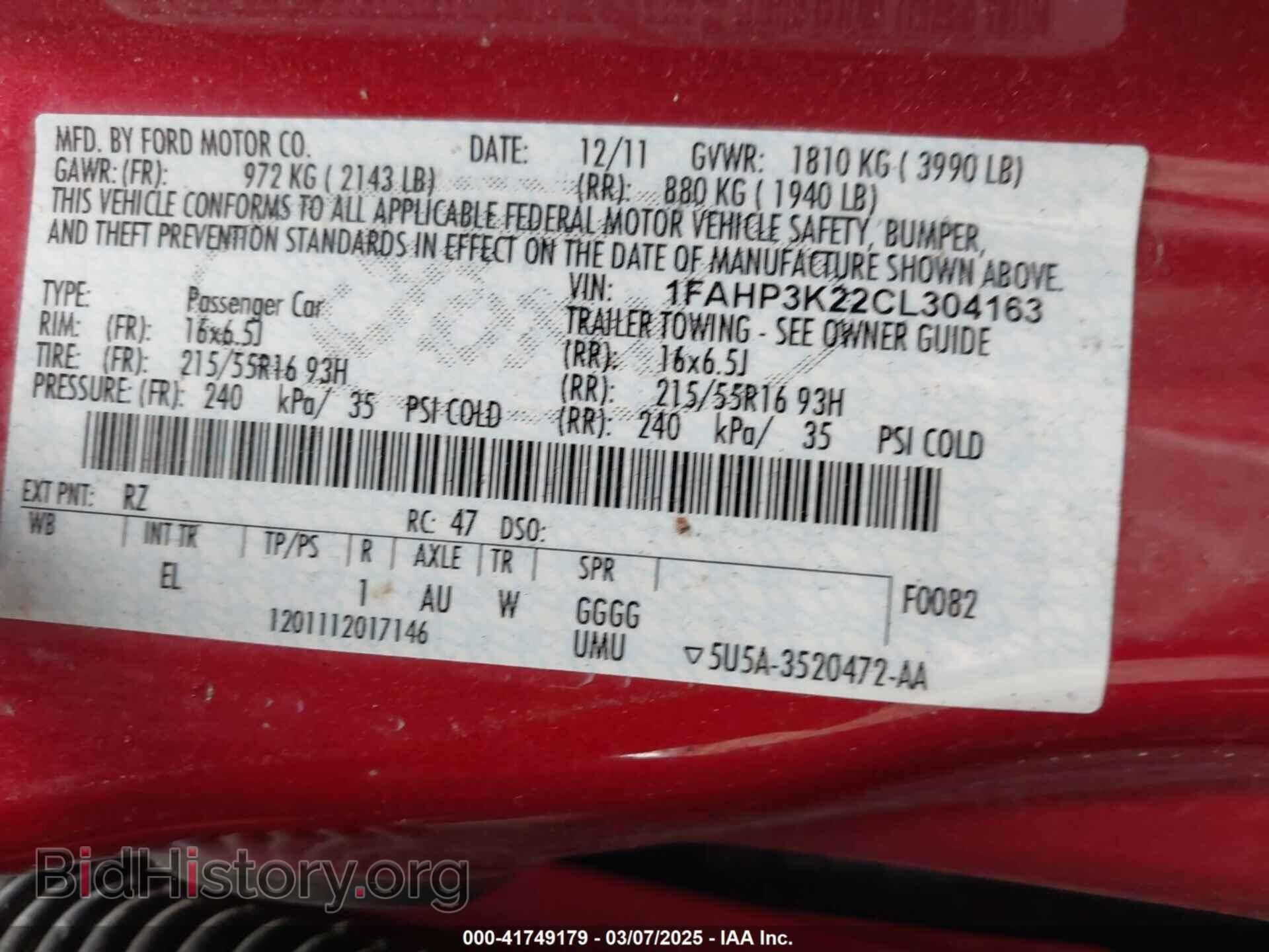 2012 FORD FOCUS - VIN: 1FAHP3K22CL304163 - Фото 9