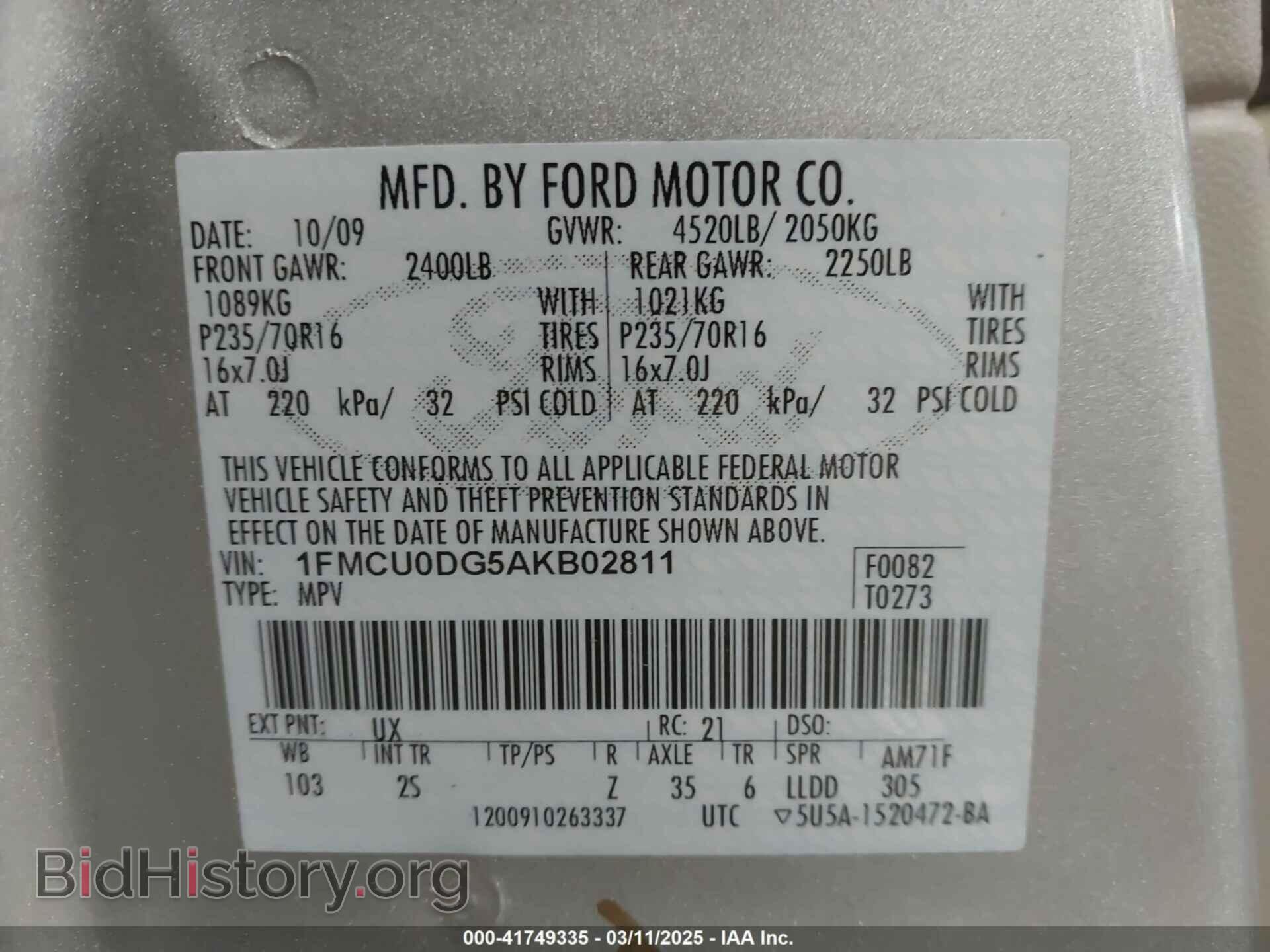 2010 FORD ESCAPE - VIN: 1FMCU0DG5AKB02811 - Фото 9