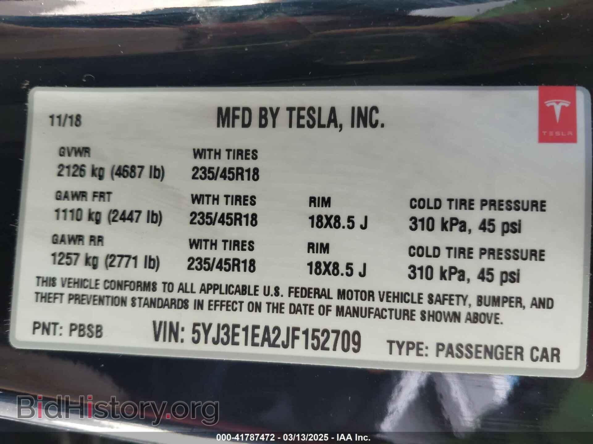 2018 TESLA MODEL 3 - VIN: 5YJ3E1EA2JF152709 - Фото 9