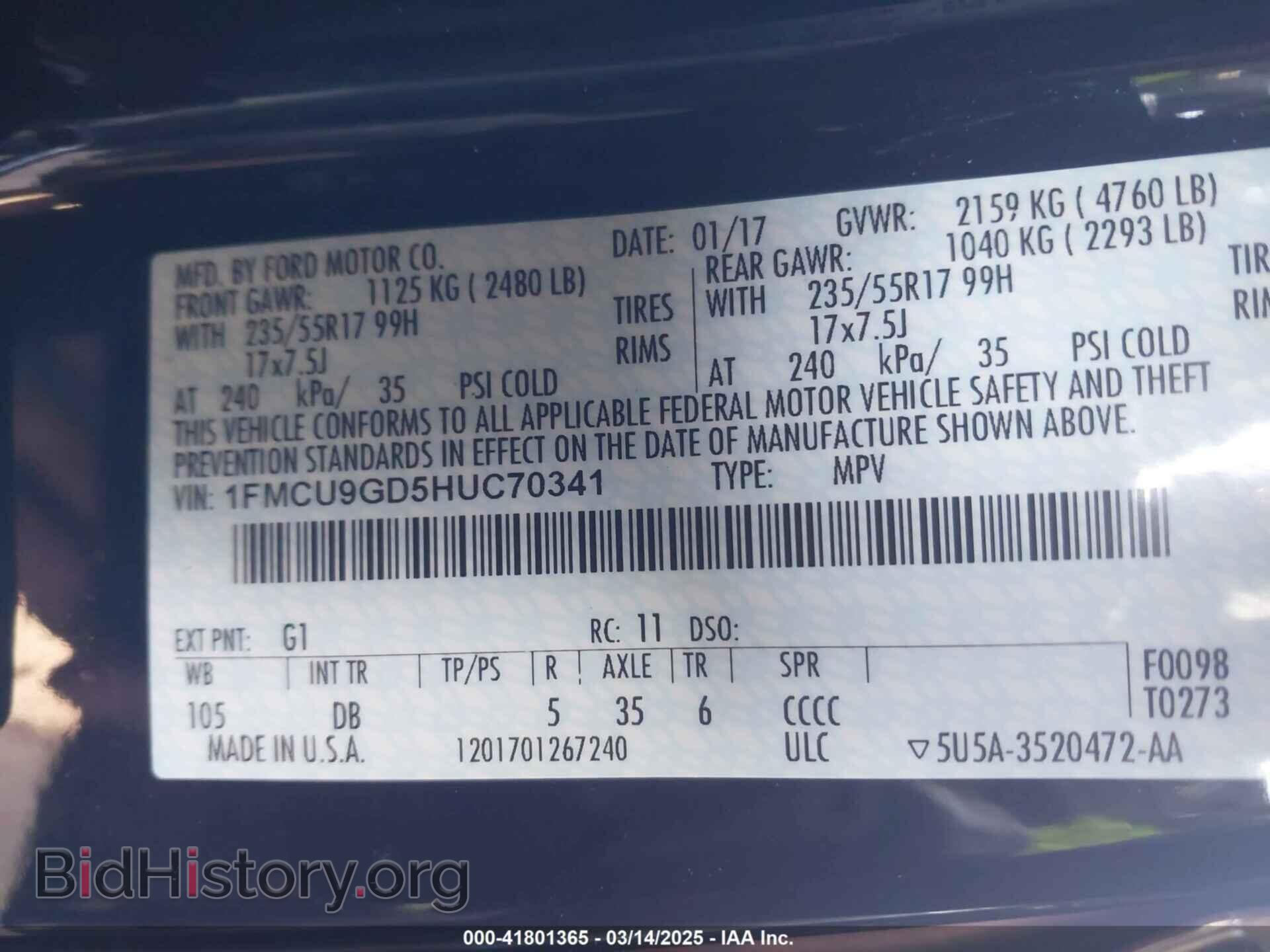 2017 FORD ESCAPE - VIN: 1FMCU9GD5HUC70341 - Фото 9