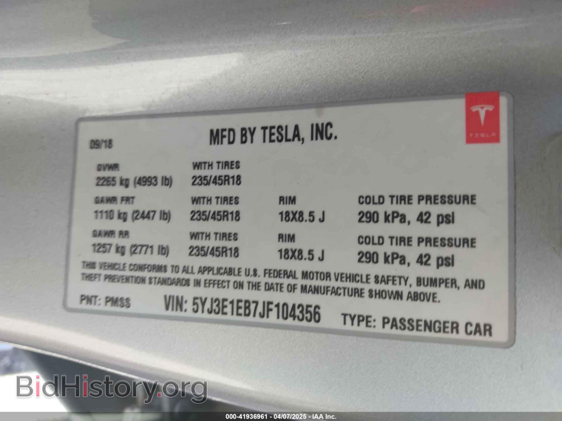 2018 TESLA MODEL 3 - VIN: 5YJ3E1EB7JF104356 - Фото 9