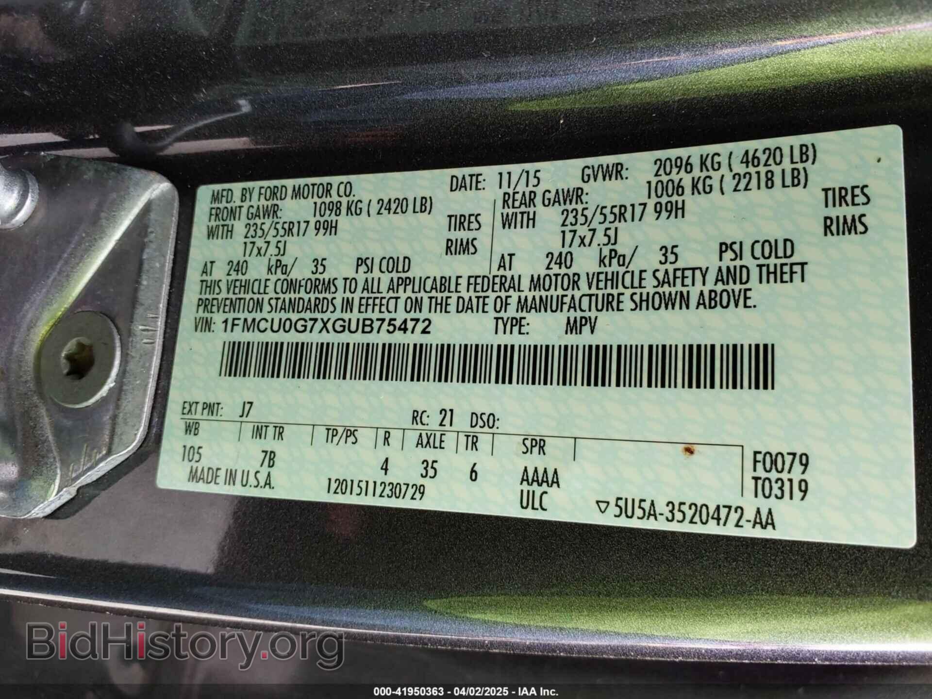 2016 FORD ESCAPE - VIN: 1FMCU0G7XGUB75472 - Фото 9