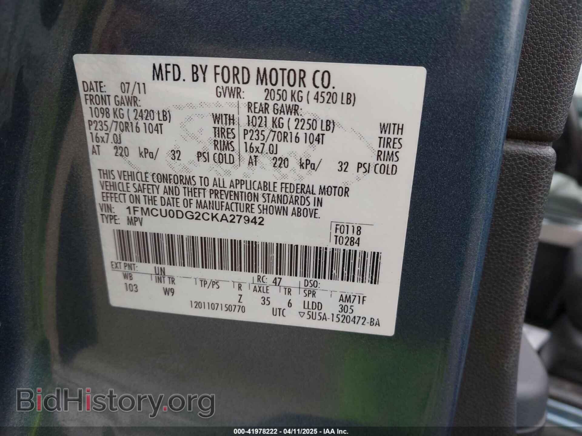 2012 FORD ESCAPE - VIN: 1FMCU0DG2CKA27942 - Фото 9
