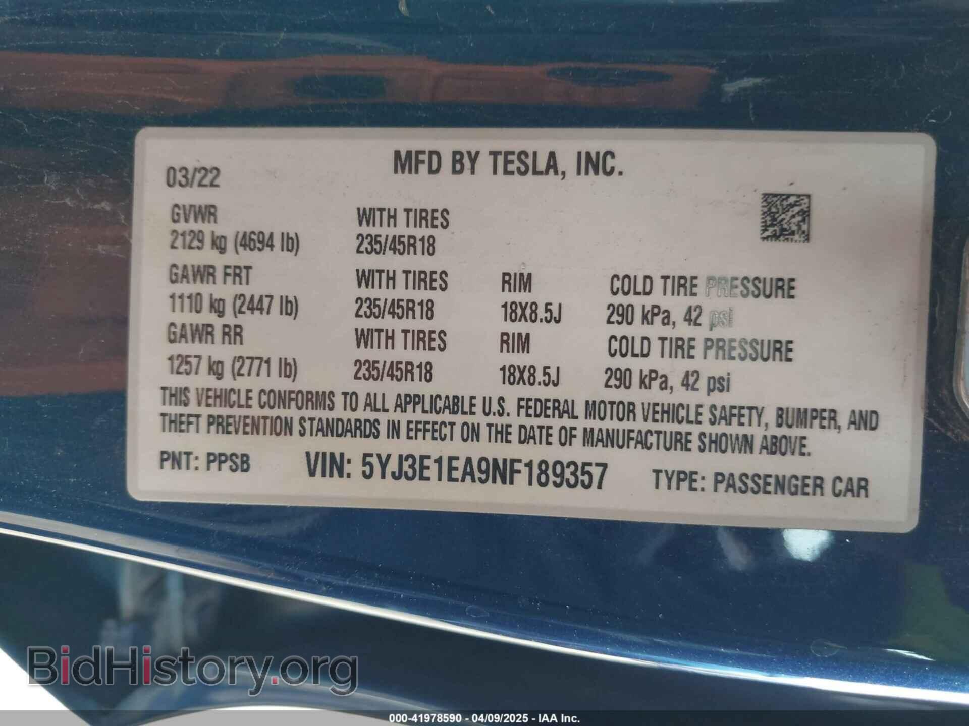 2022 TESLA MODEL 3 - VIN: 5YJ3E1EA9NF189357 - Фото 9