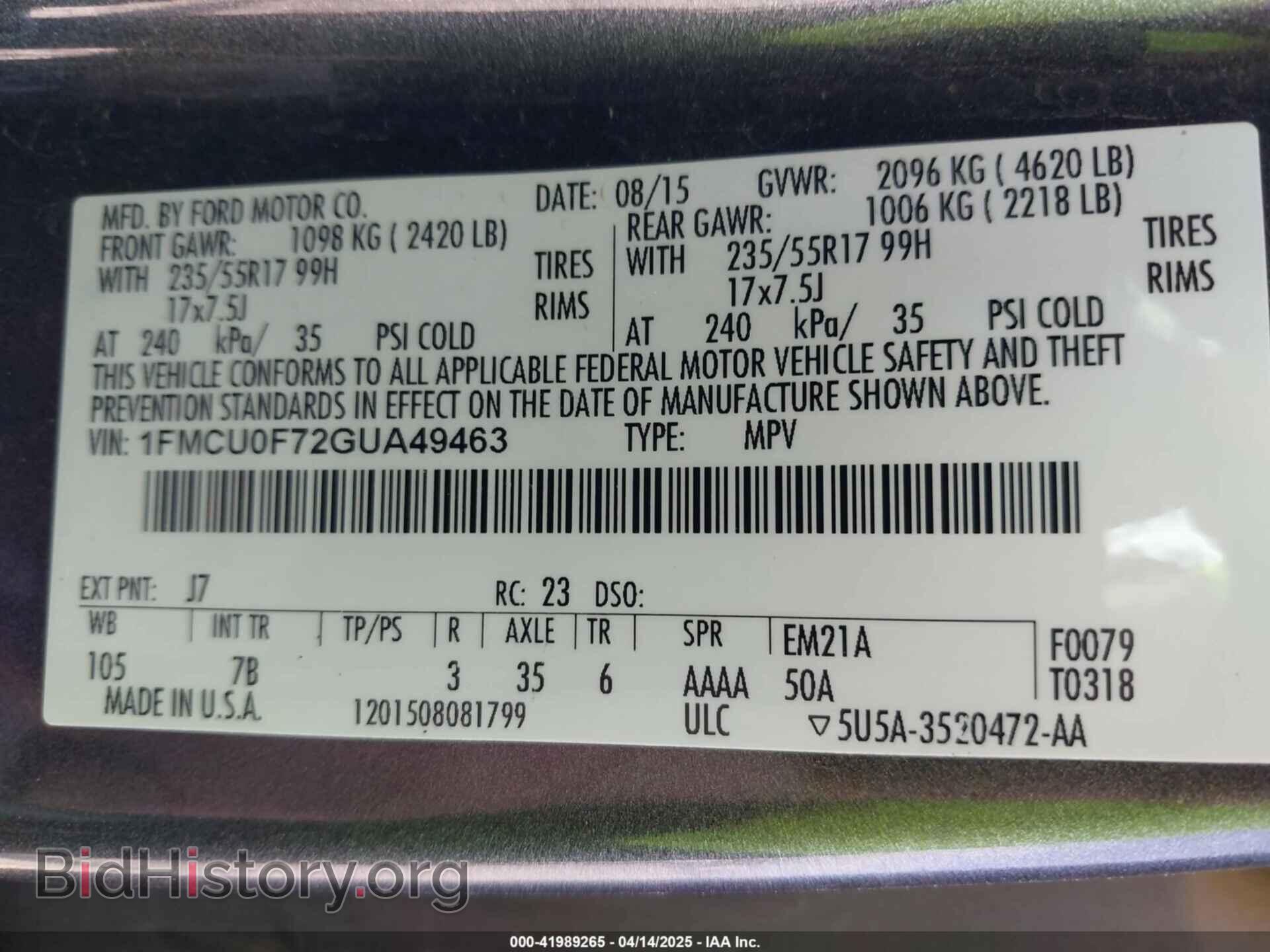 2016 FORD ESCAPE - VIN: 1FMCU0F72GUA49463 - Фото 9