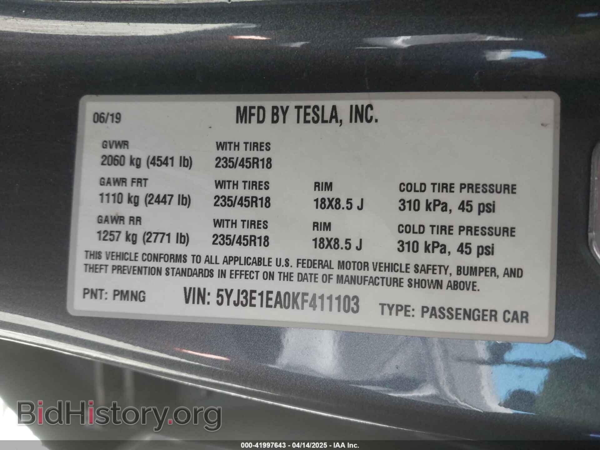 2019 TESLA MODEL 3 - VIN: 5YJ3E1EA0KF411103 - Фото 9