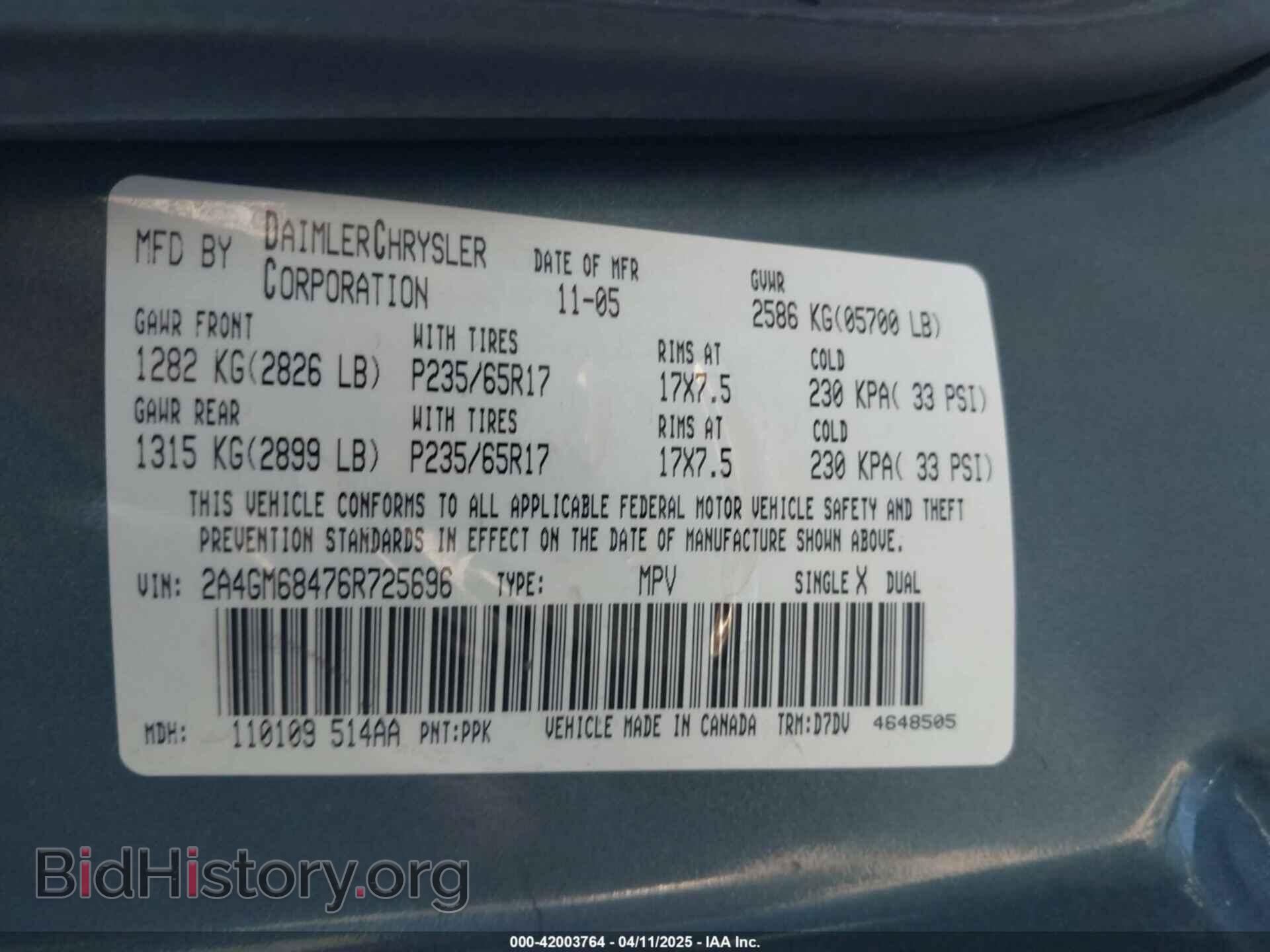 2006 CHRYSLER PACIFICA - VIN: 2A4GM68476R725696 - Фото 9