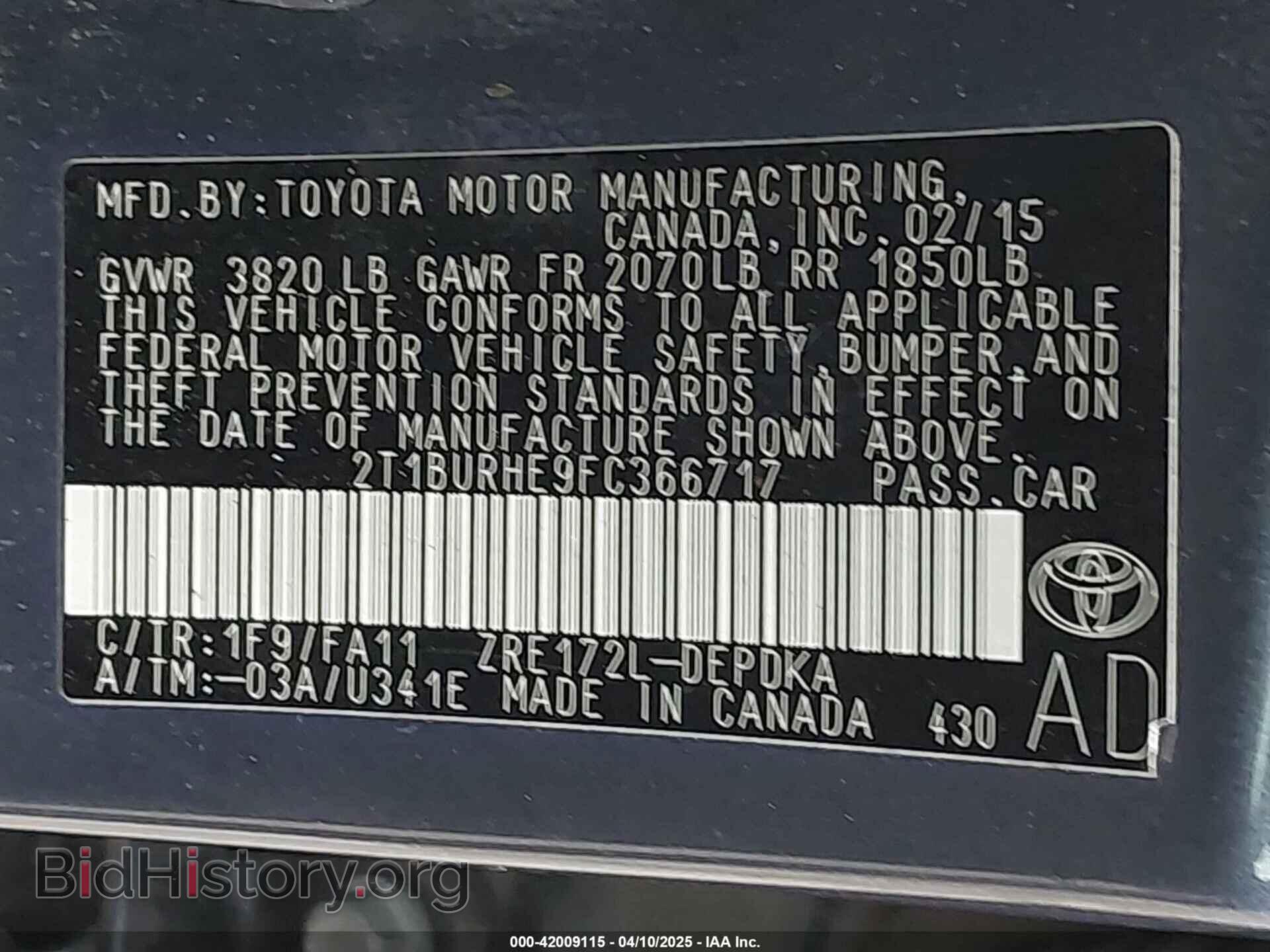 2015 TOYOTA COROLLA - VIN: 2T1BURHE9FC366717 - Фото 9