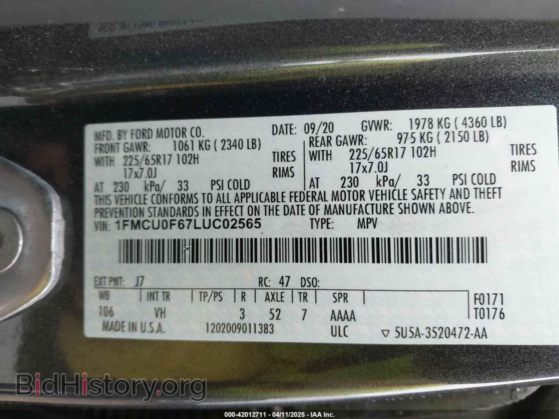 2020 FORD ESCAPE - VIN: 1FMCU0F67LUC02565 - Фото 9