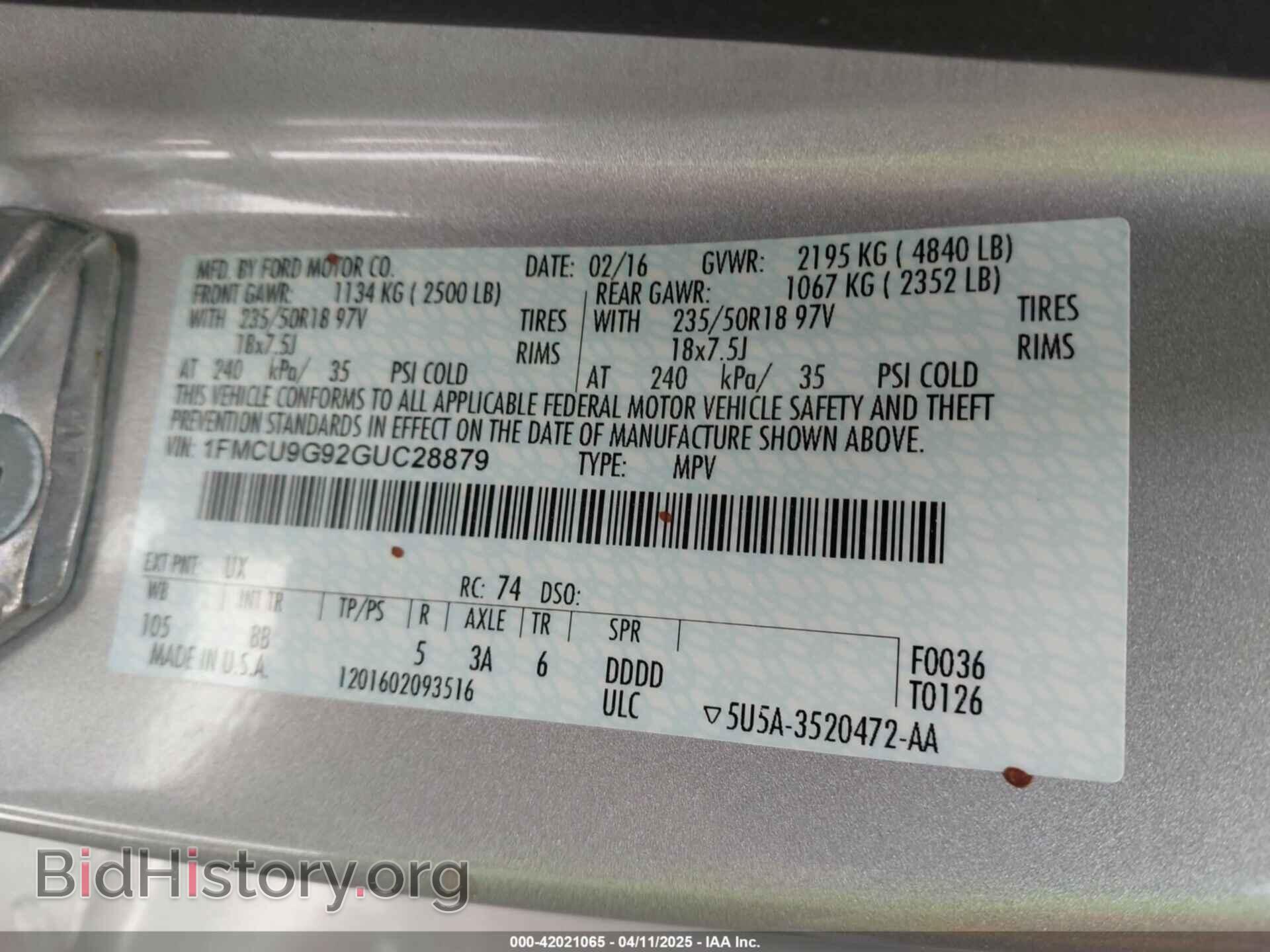 2016 FORD ESCAPE - VIN: 1FMCU9G92GUC28879 - Фото 9