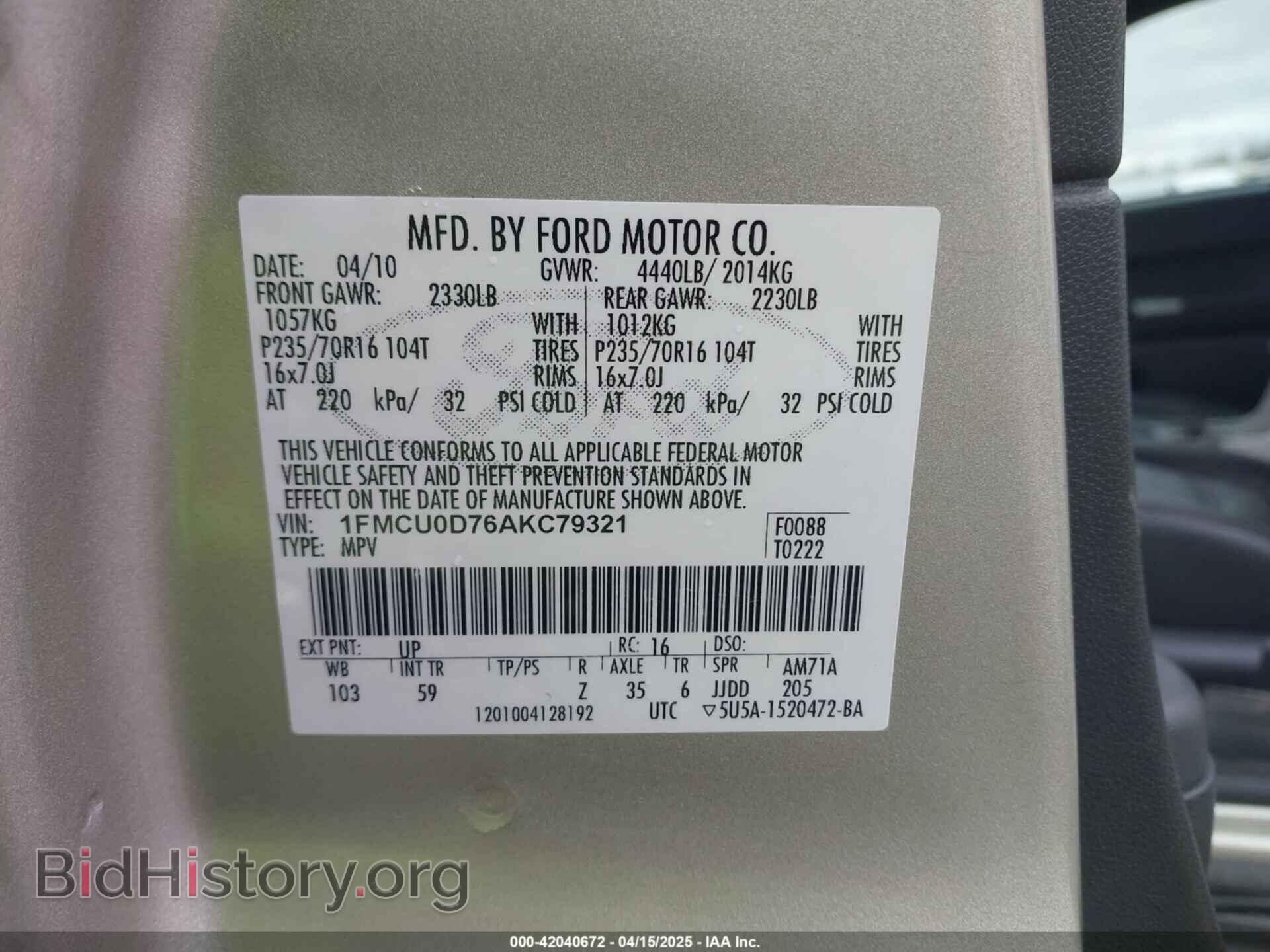 2010 FORD ESCAPE - VIN: 1FMCU0D76AKC79321 - Фото 9