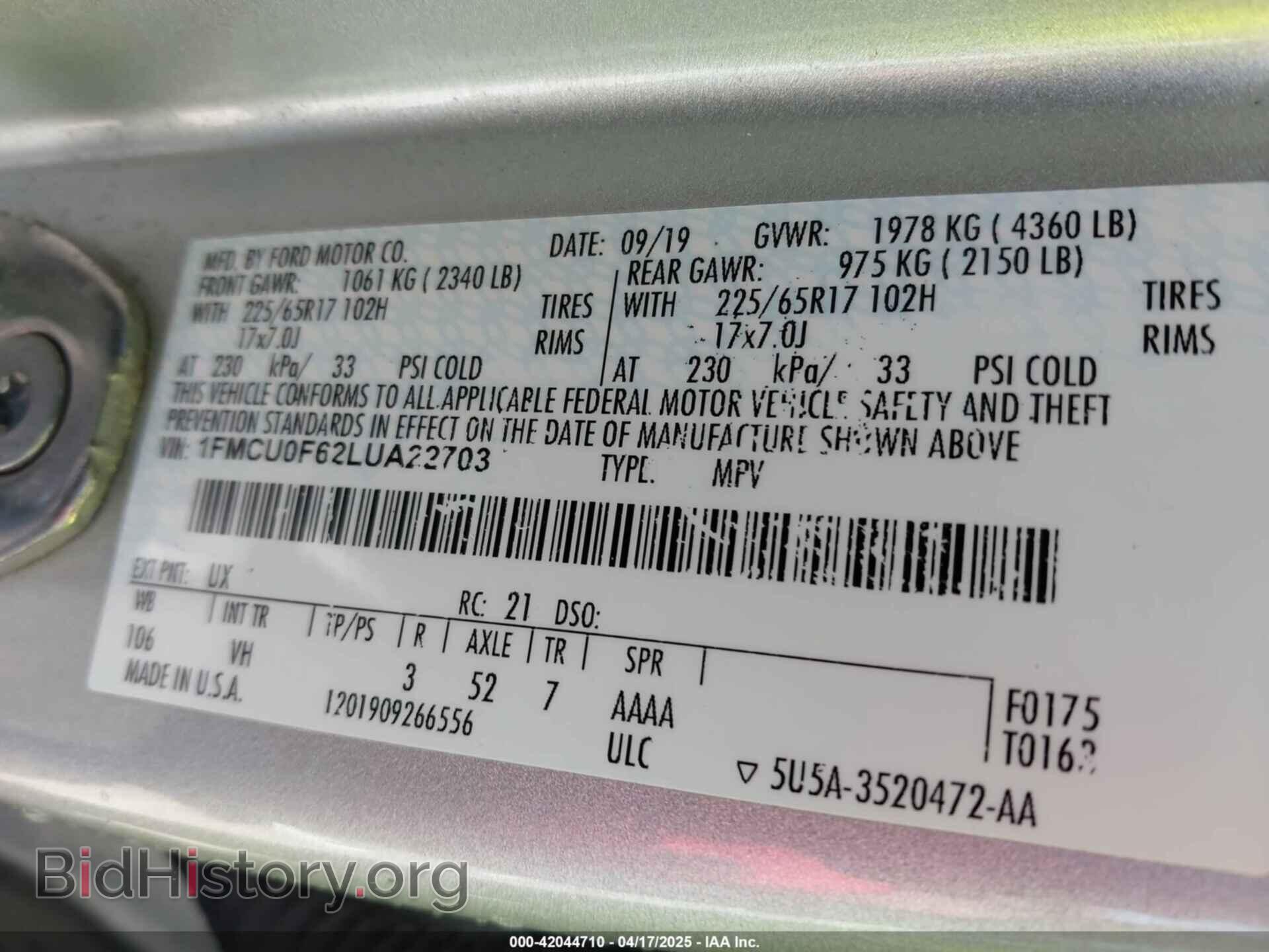 2020 FORD ESCAPE - VIN: 1FMCU0F62LUA22703 - Photo 9