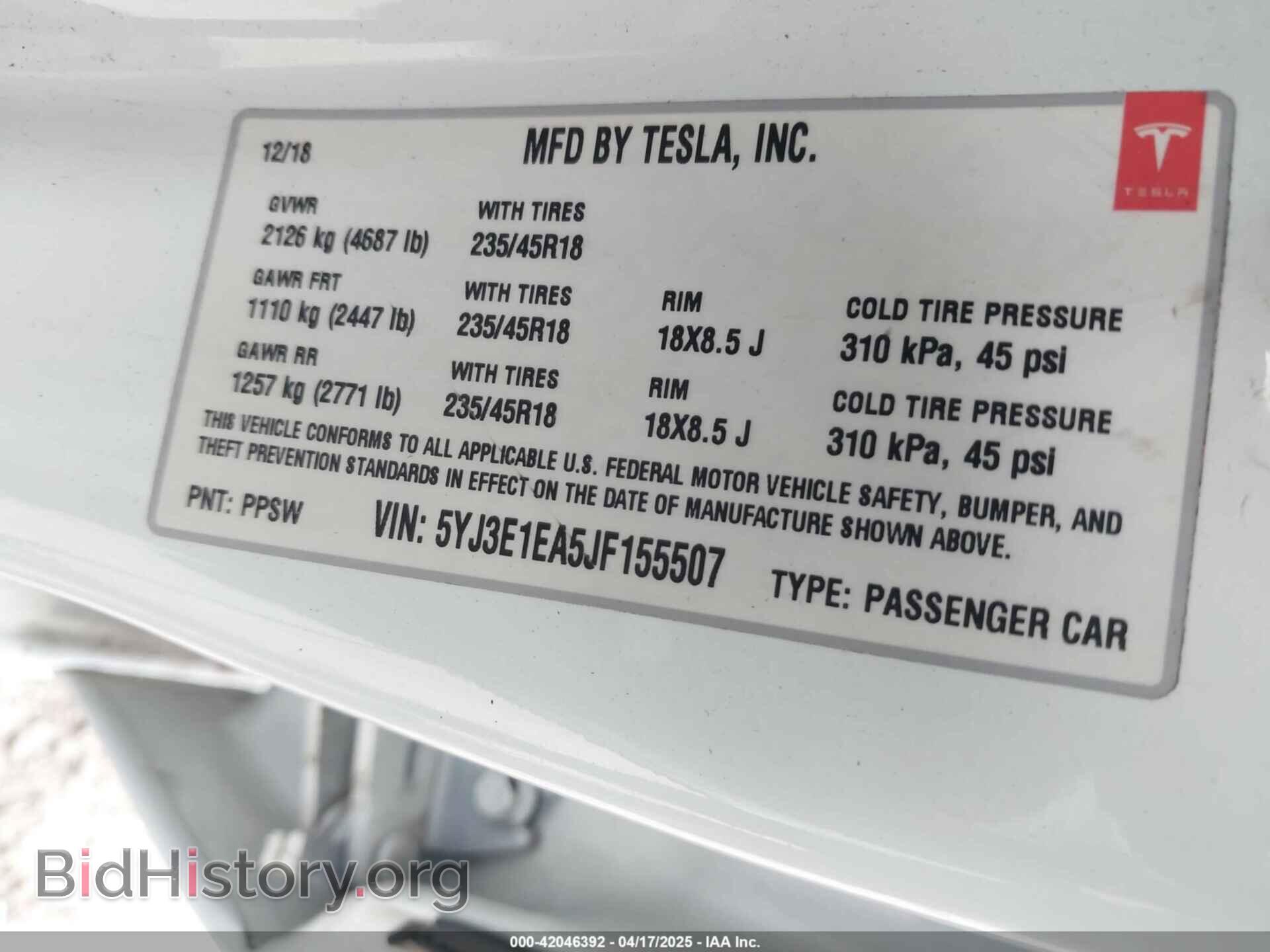 2018 TESLA MODEL 3 - VIN: 5YJ3E1EA5JF155507 - Фото 9