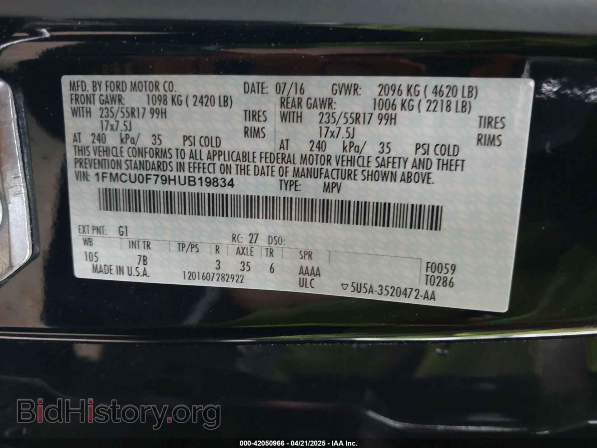 2017 FORD ESCAPE - VIN: 1FMCU0F79HUB19834 - Фото 9