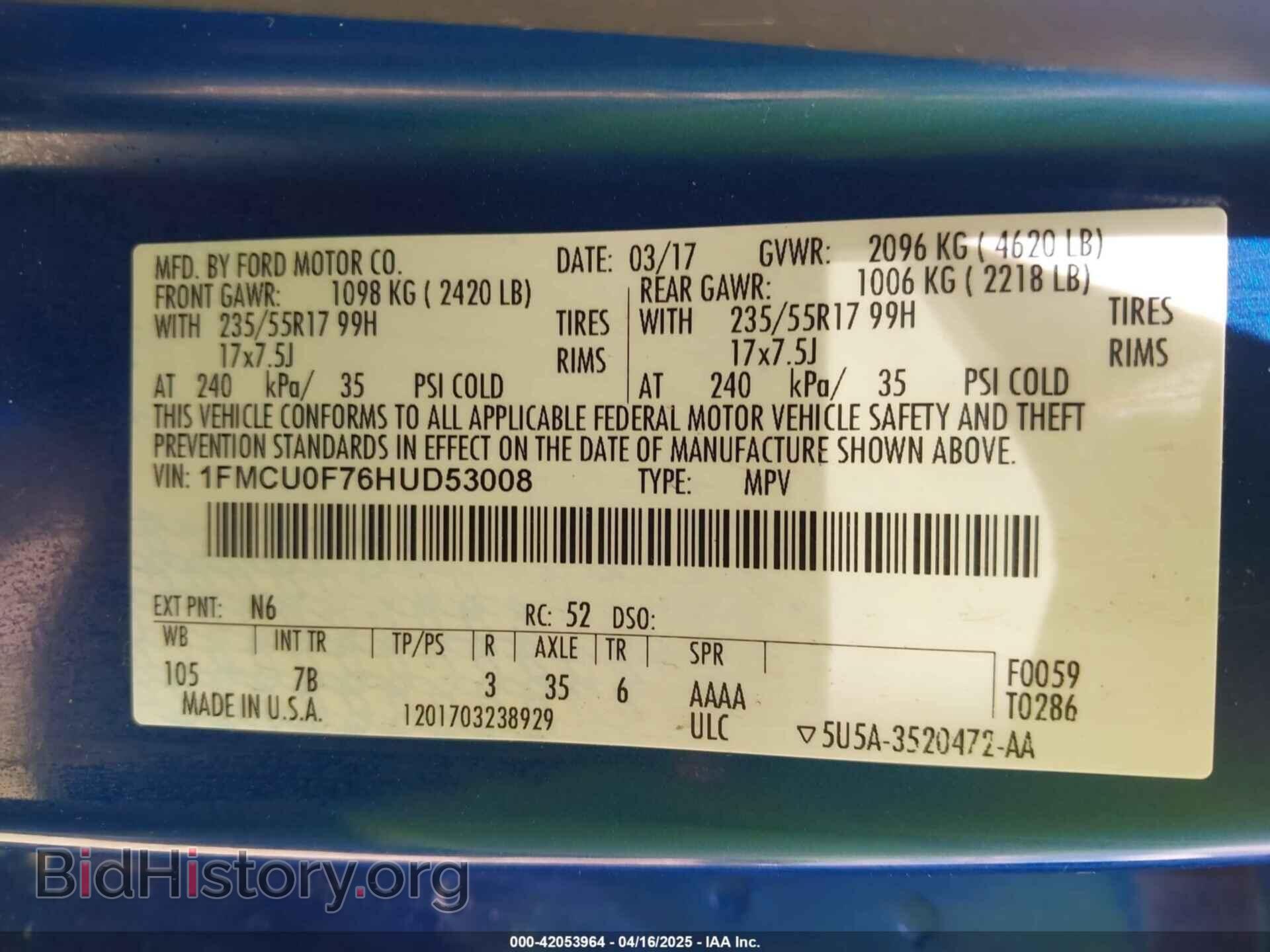 2017 FORD ESCAPE - VIN: 1FMCU0F76HUD53008 - Фото 9