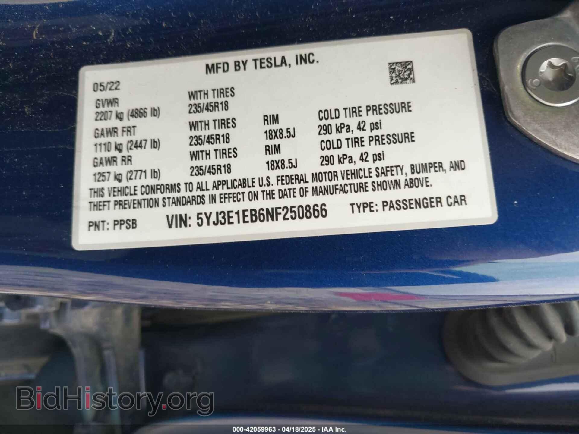 2022 TESLA MODEL 3 - VIN: 5YJ3E1EB6NF250866 - Фото 9