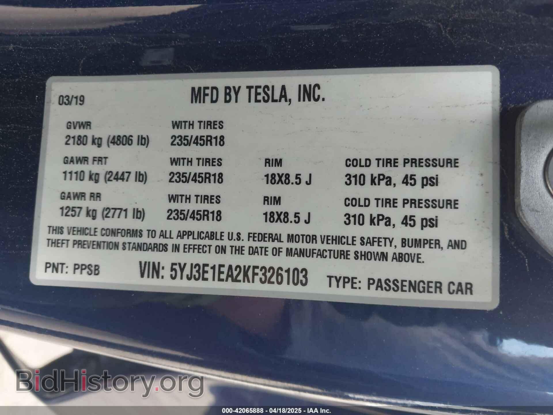 2019 TESLA MODEL 3 - VIN: 5YJ3E1EA2KF326103 - Фото 9