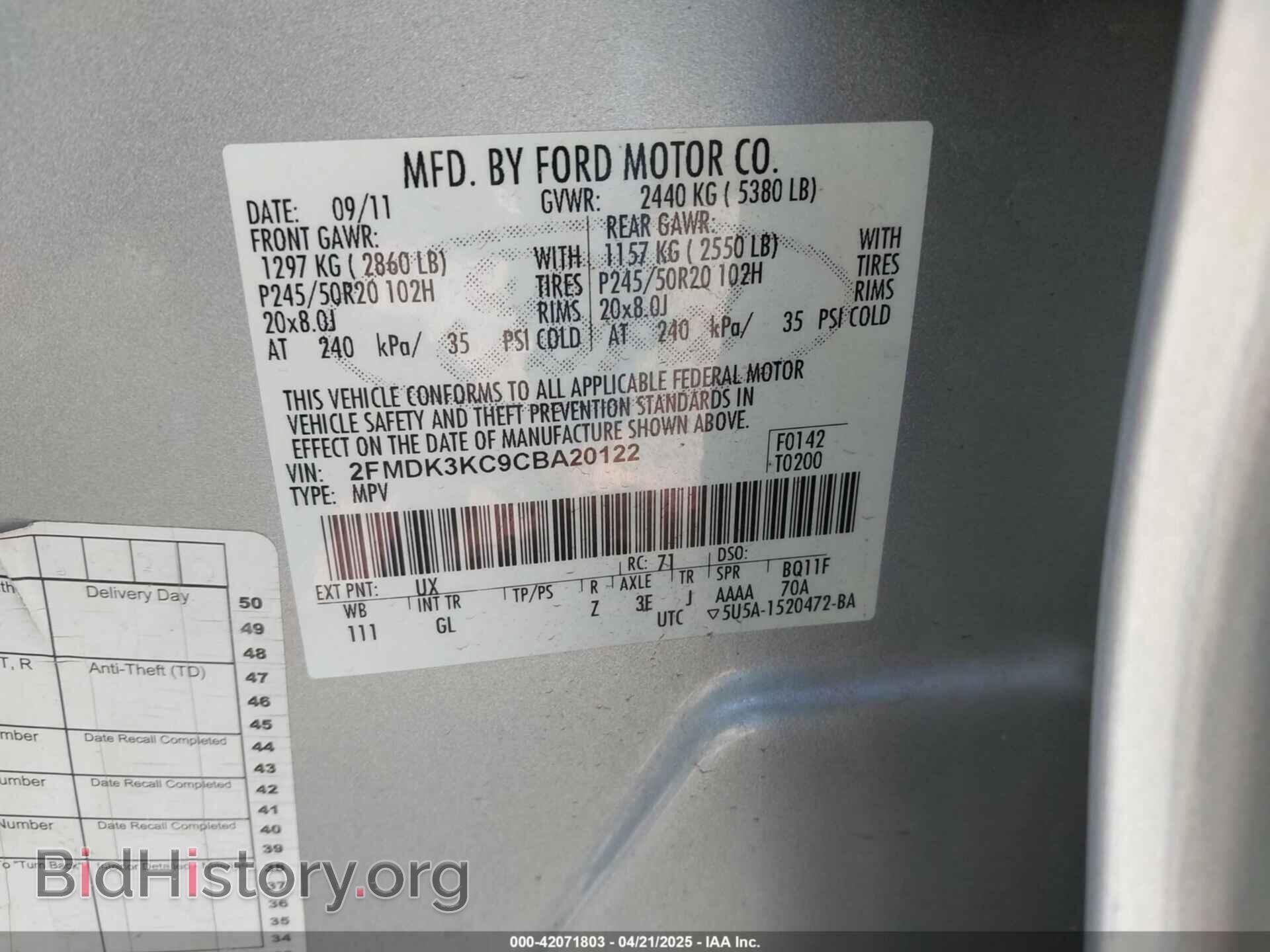 2012 FORD EDGE - VIN: 2FMDK3KC9CBA20122 - Фото 9