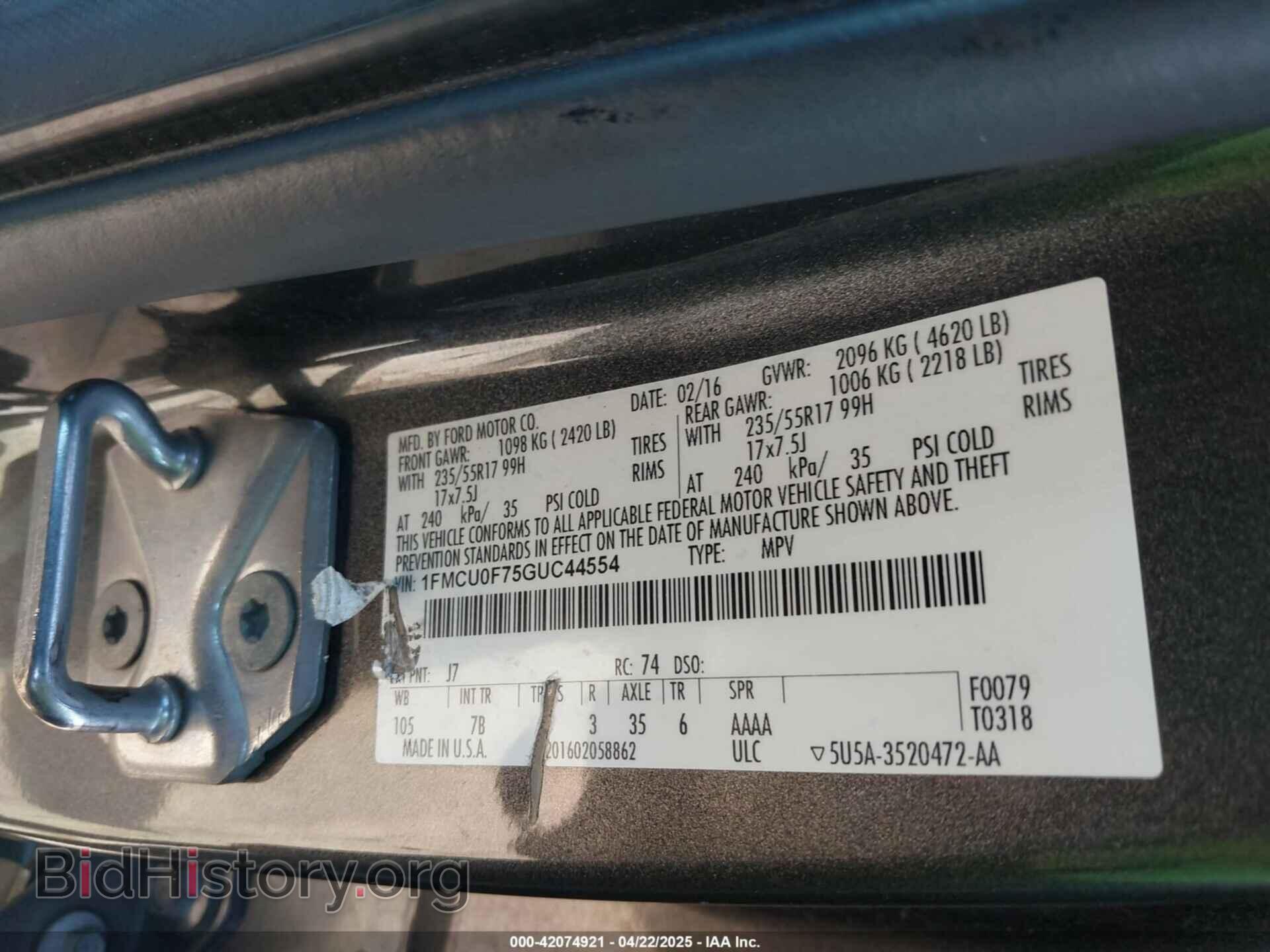 2016 FORD ESCAPE - VIN: 1FMCU0F75GUC44554 - Фото 9