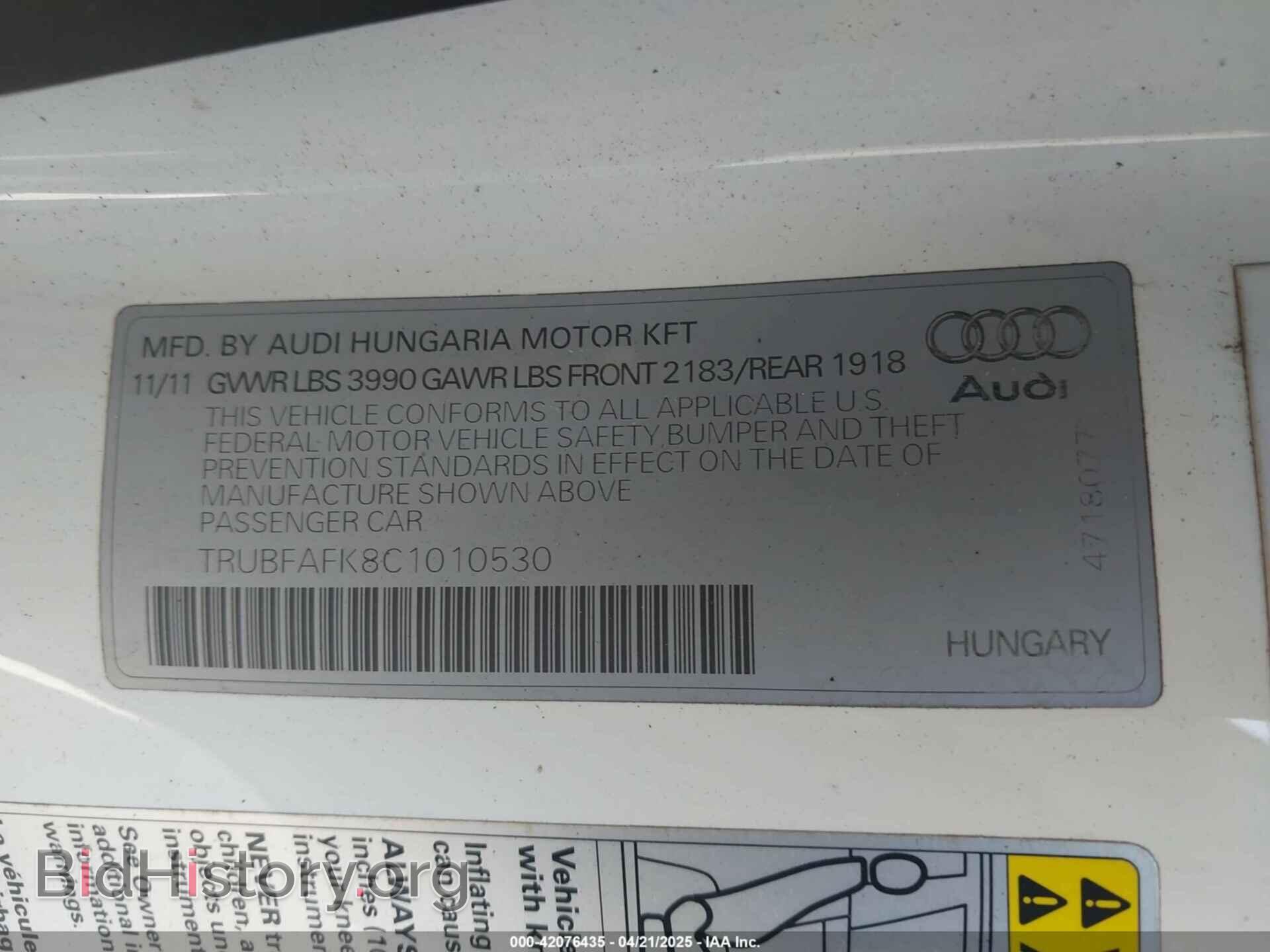 2012 AUDI TT - VIN: TRUBFAFK8C1010530 - Фото 9