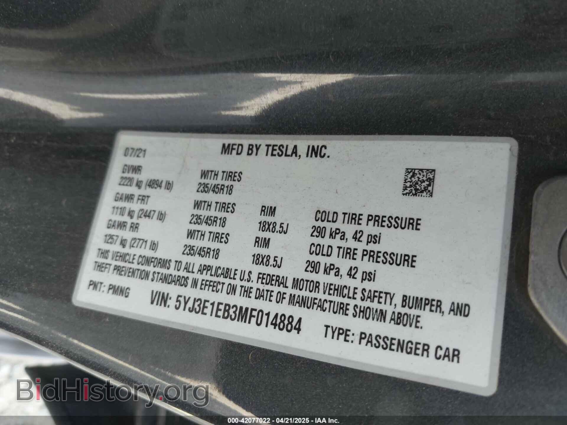 2021 TESLA MODEL 3 - VIN: 5YJ3E1EB3MF014884 - Фото 9