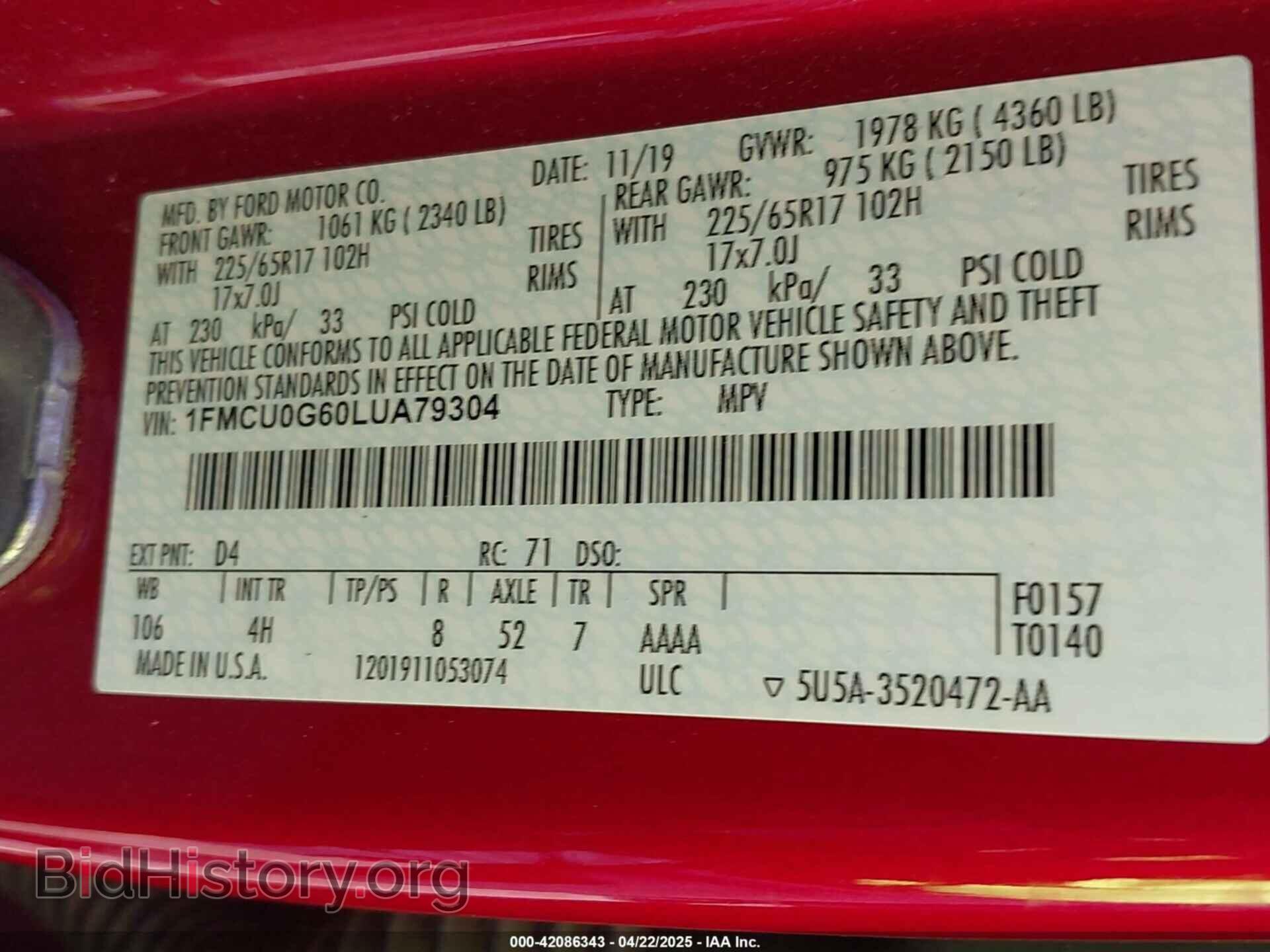 2020 FORD ESCAPE - VIN: 1FMCU0G60LUA79304 - Фото 9