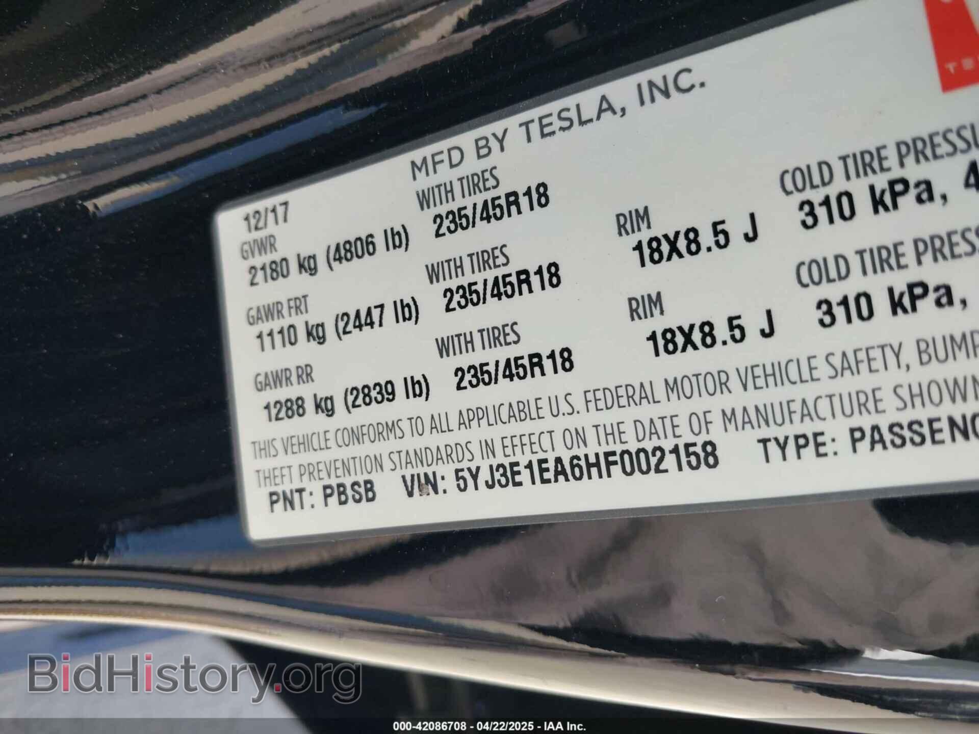 2017 TESLA MODEL 3 - VIN: 5YJ3E1EA6HF002158 - Photo 9