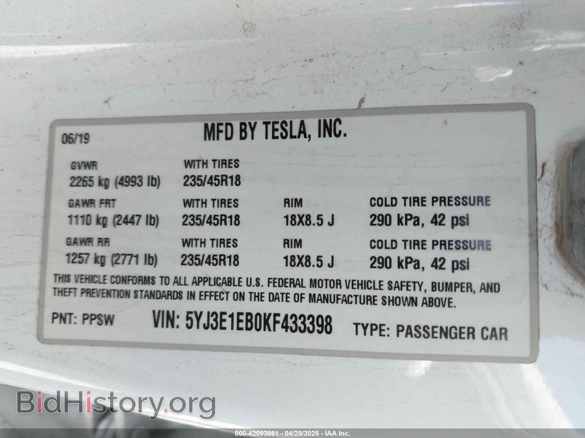2019 TESLA MODEL 3 - VIN: 5YJ3E1EB0KF433398 - Photo 9