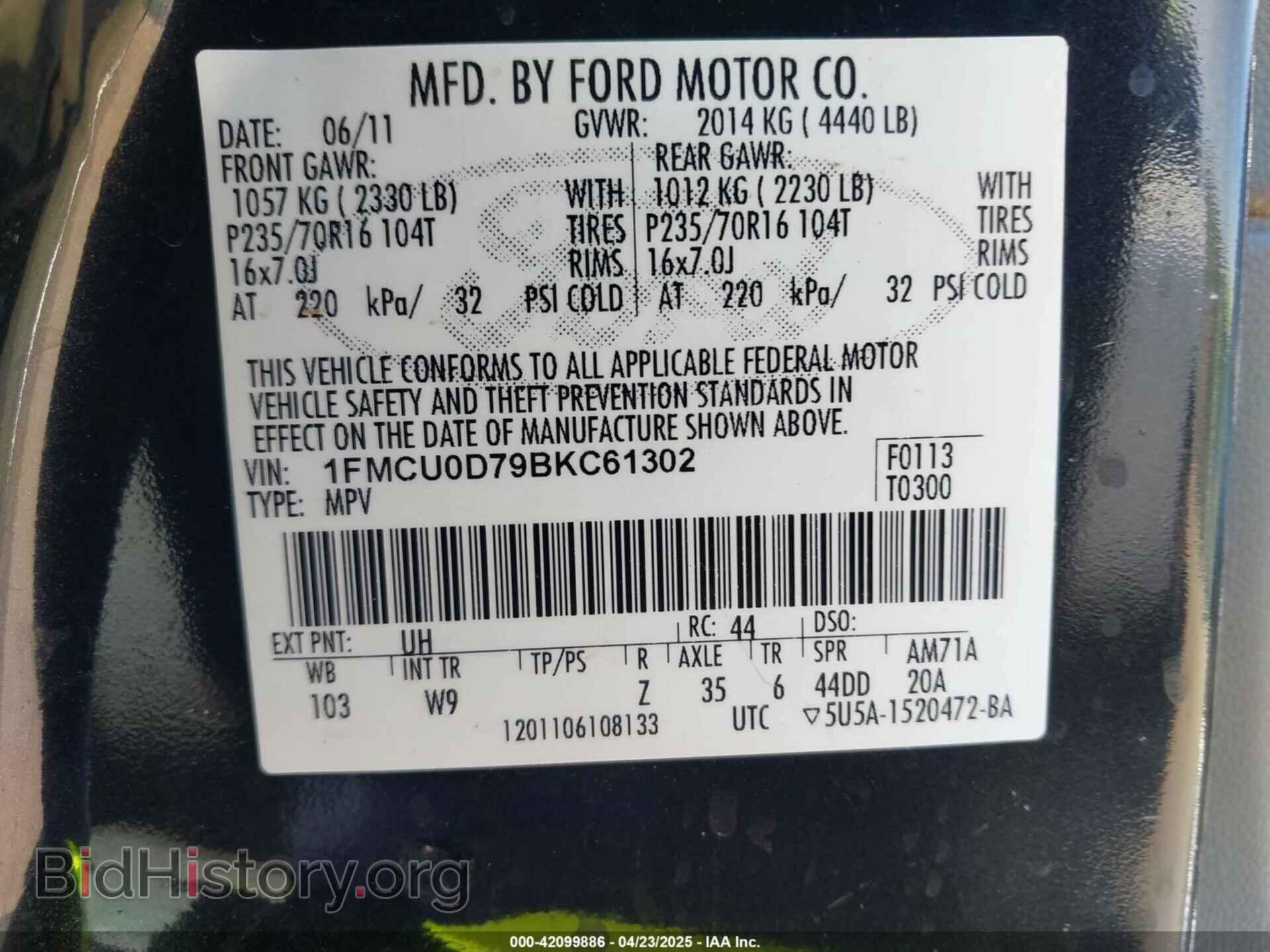 2011 FORD ESCAPE - VIN: 1FMCU0D79BKC61302 - Фото 9