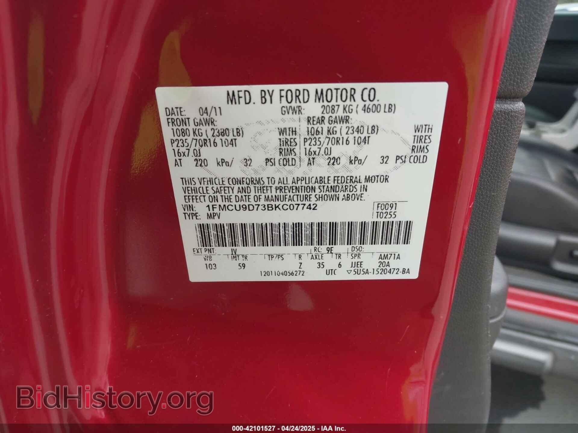 2011 FORD ESCAPE - VIN: 1FMCU9D73BKC07742 - Фото 9