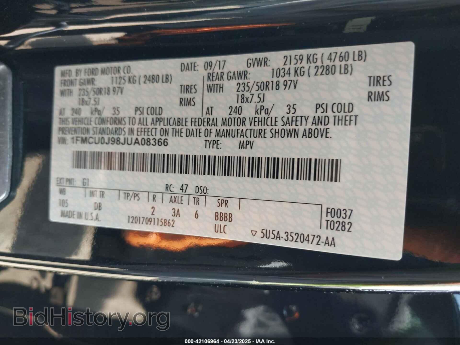 2018 FORD ESCAPE - VIN: 1FMCU0J98JUA08366 - Фото 9